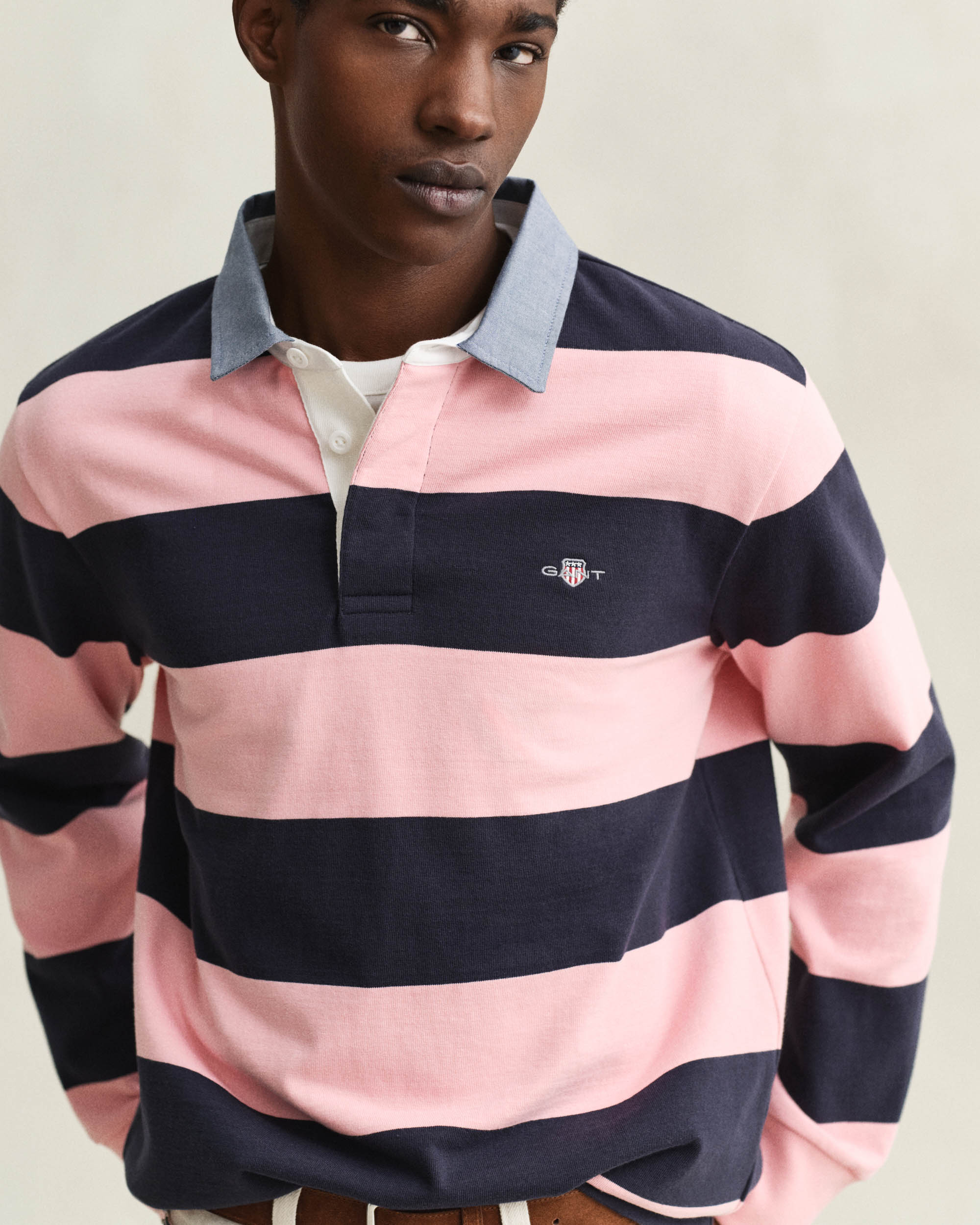 GANT Mens Regular Chambray Stripe Heavy Rugger - 671 Bubblegum Pink - Image 2