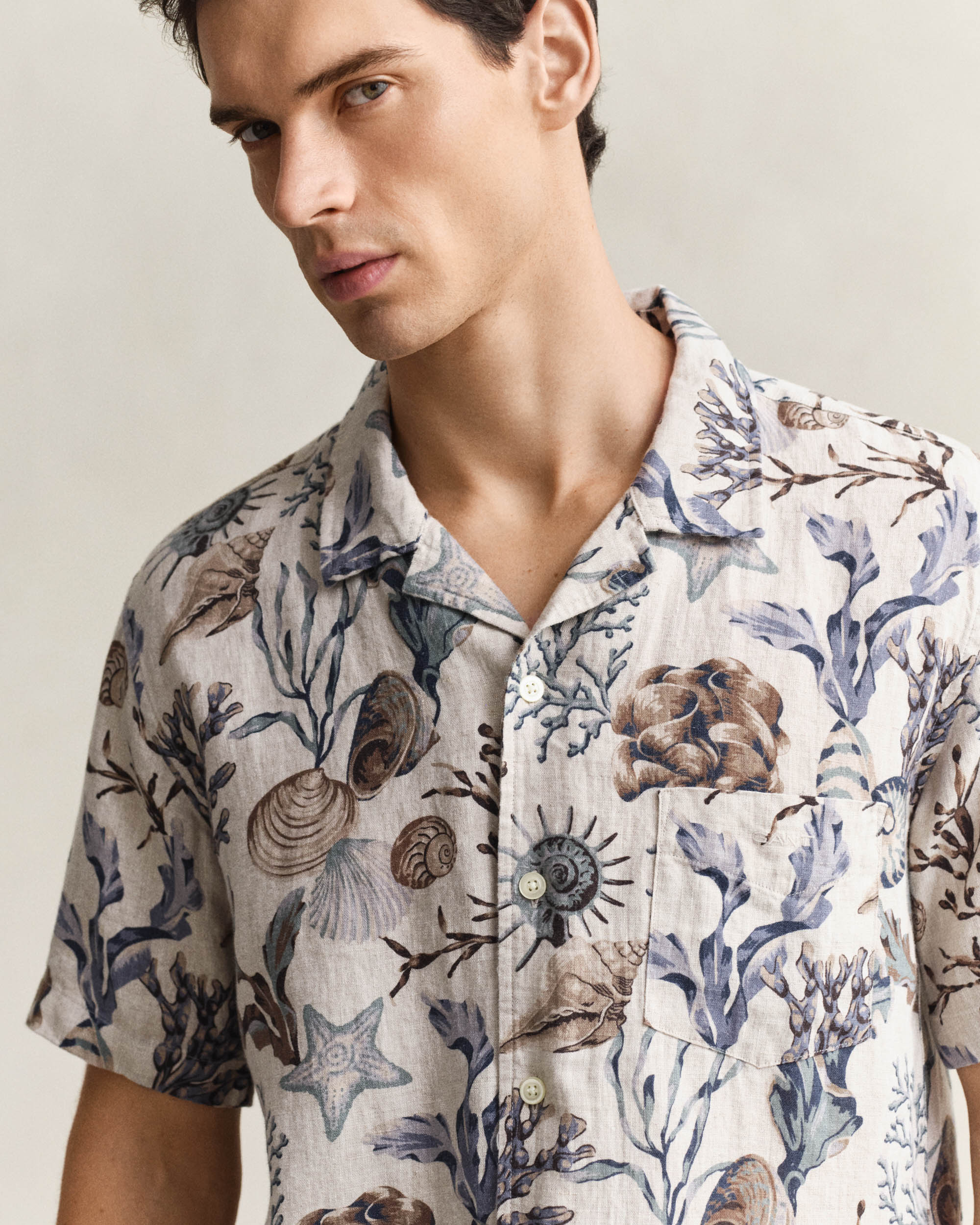 GANT Mens Regular Fit AOP Camp Collar Shirt - 200 Oat Beige - Image 3