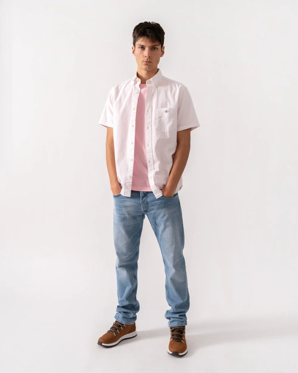GANT Mens Regular Fit Classic Oxford Stripe Short Sleeve Shirt - 662 Light Pink - Image 3