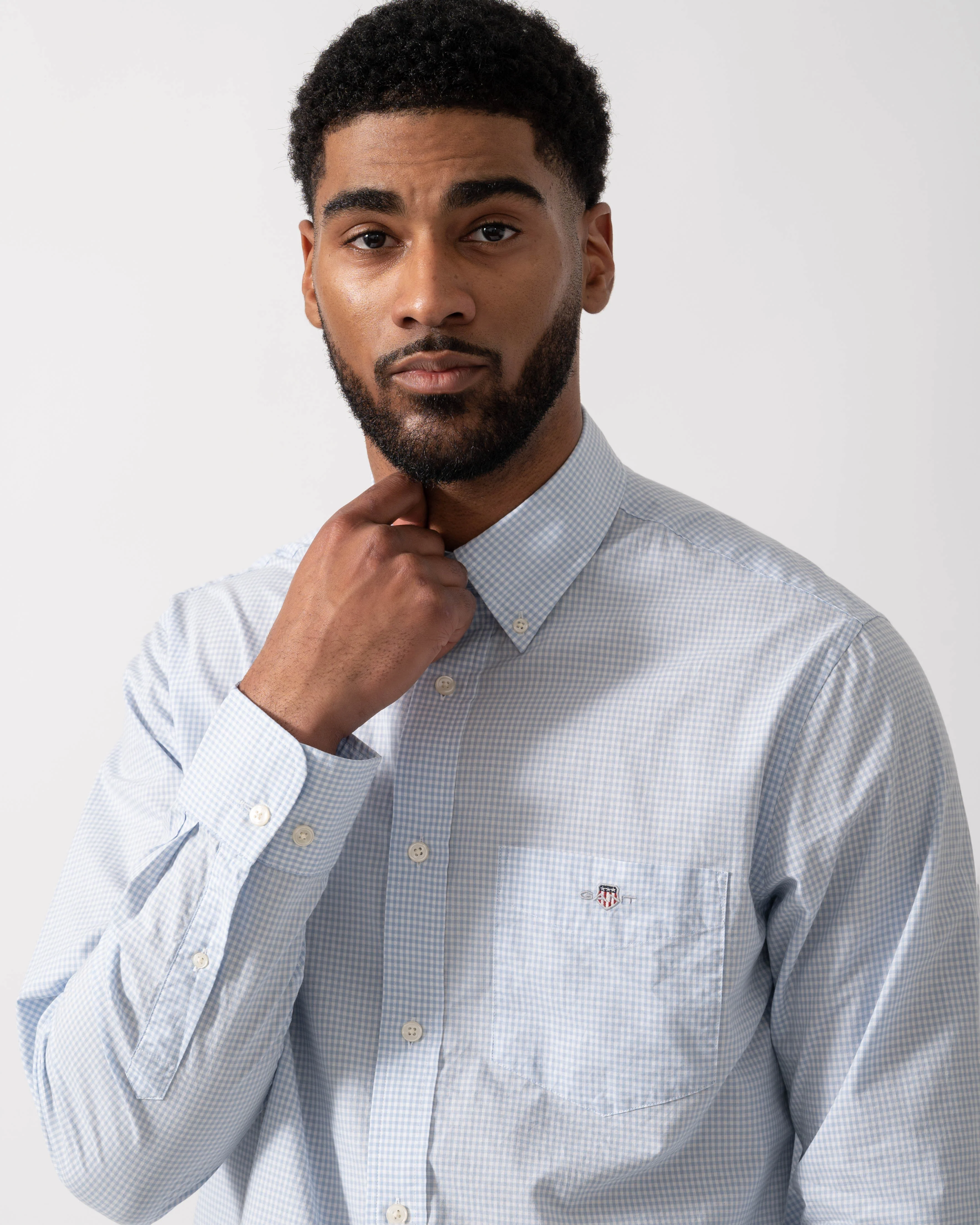 GANT Mens Regular Fit Classic Poplin Gingham Shirt - 455 Light Blue - Image 3
