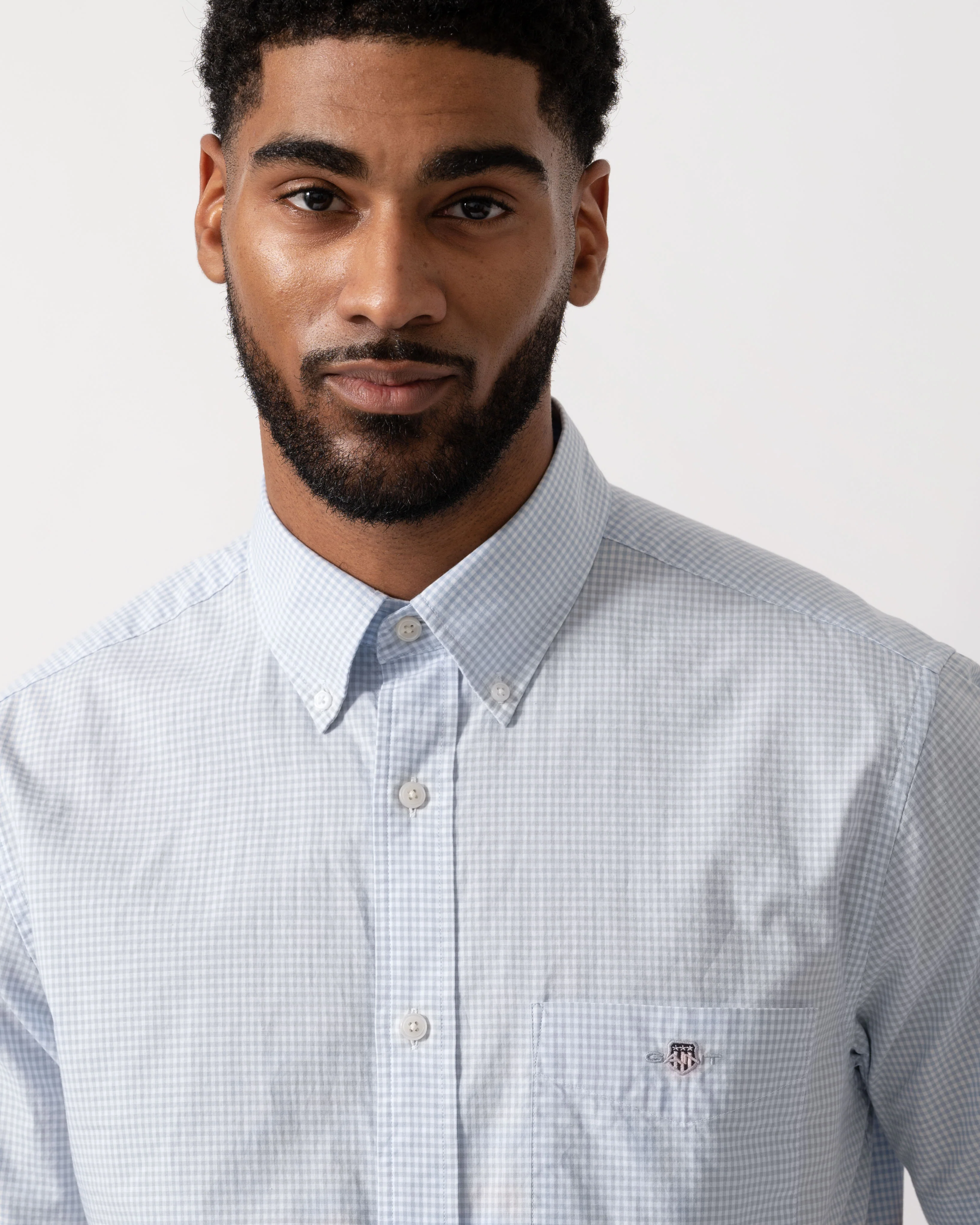 GANT Mens Regular Fit Classic Poplin Gingham Short Sleeve Shirt - 455 Light Blue - Image 2