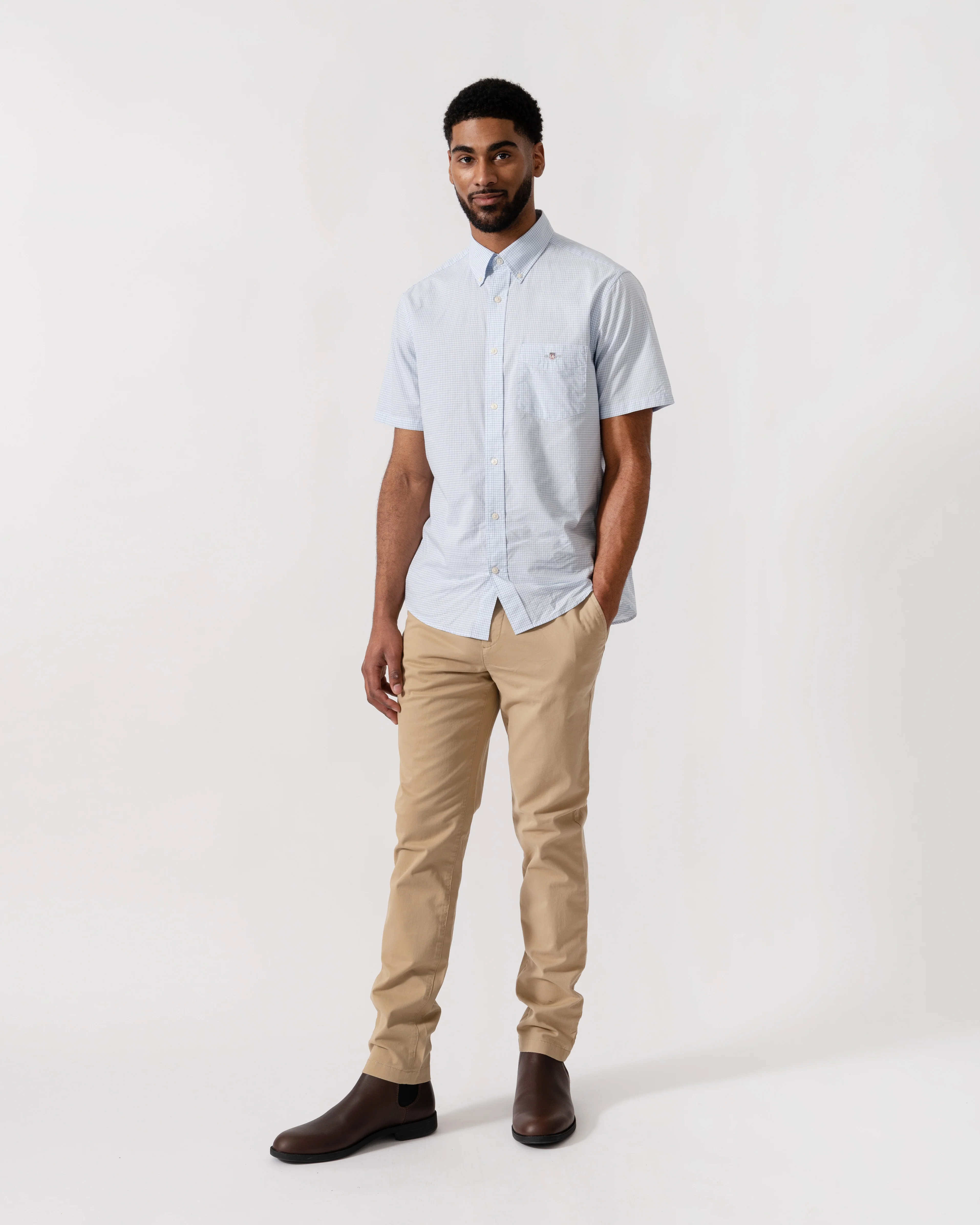 GANT Mens Regular Fit Classic Poplin Gingham Short Sleeve Shirt - 455 Light Blue - Image 3