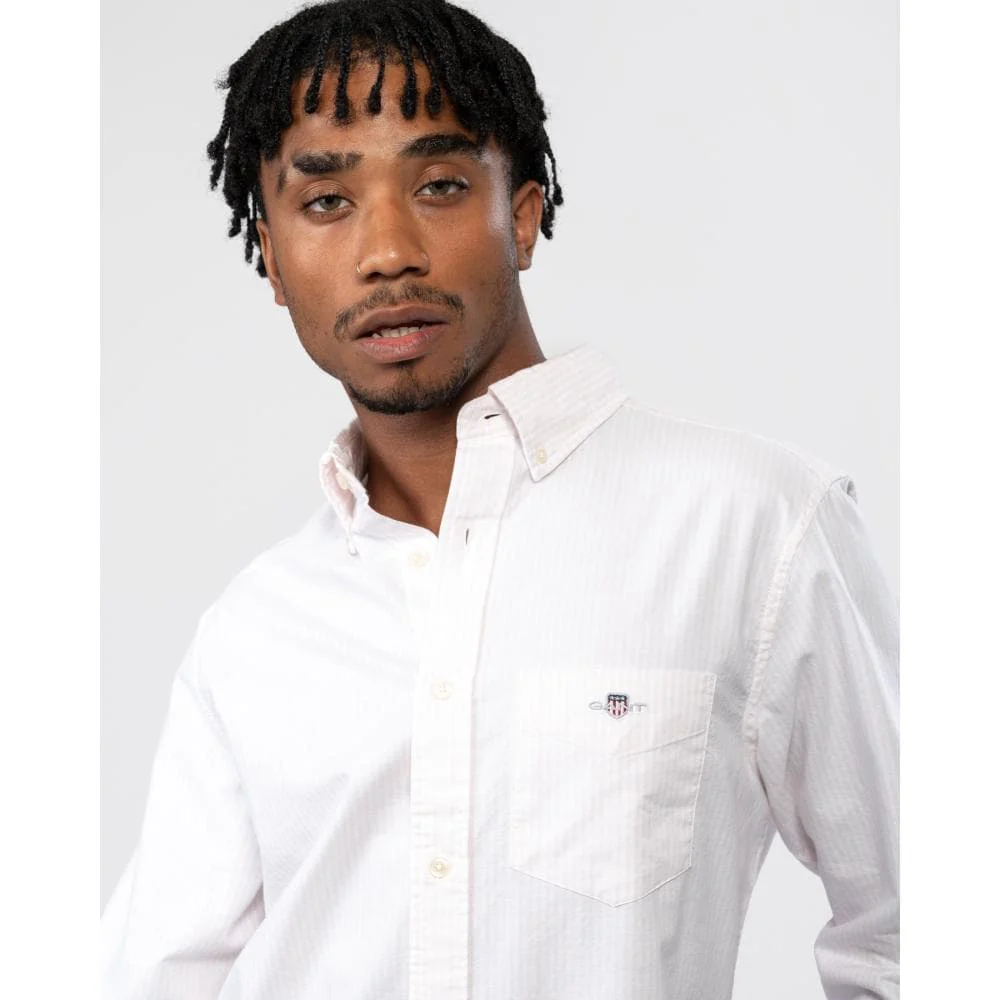 GANT Mens Regular Fit Long Sleeve Oxford Banker Stripe Shirt - 662 Light Pink - Image 2