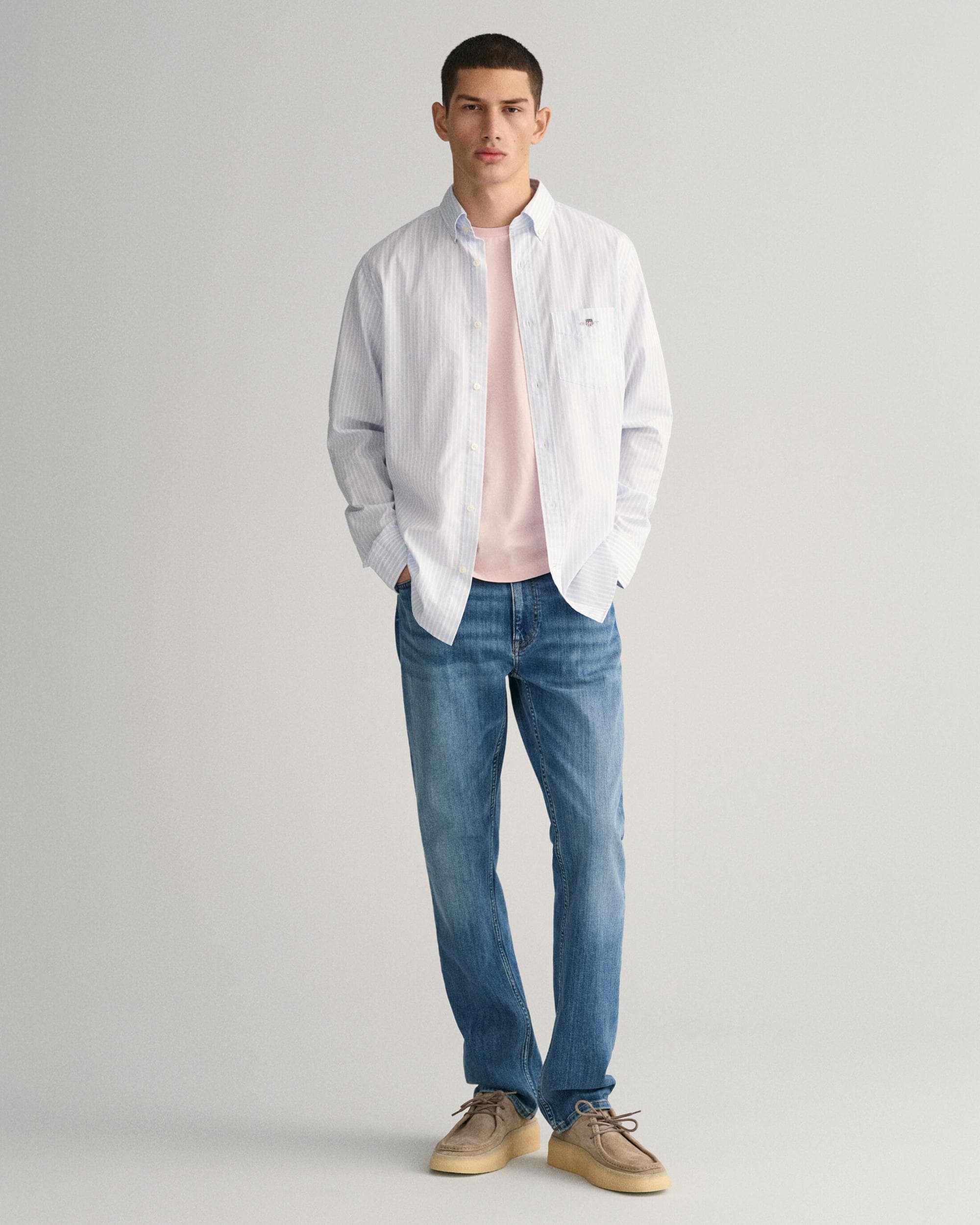 GANT Mens Regular Fit Long Sleeve Poplin Stripe Shirt - 455 Light Blue - Image 6