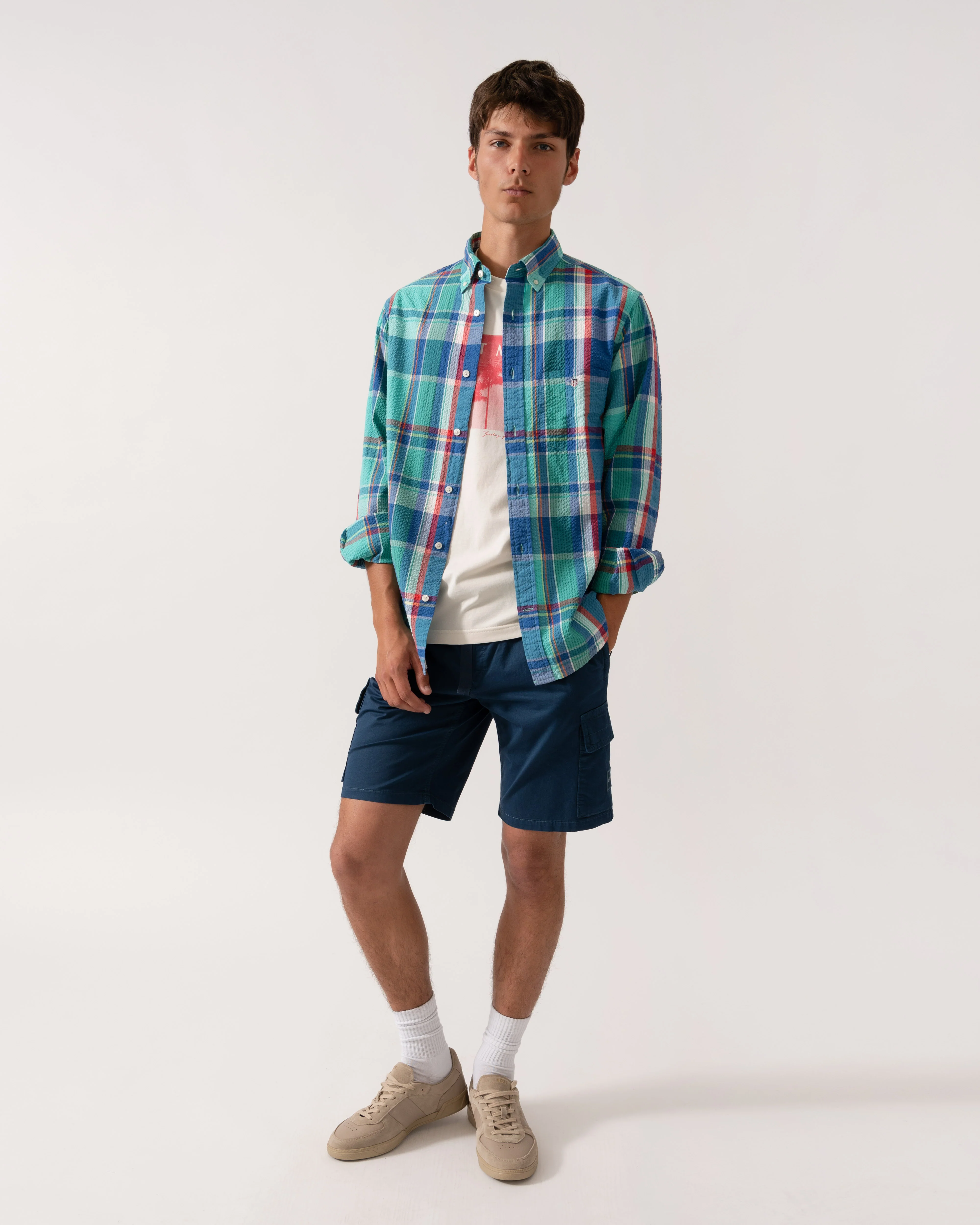 GANT Mens Regular Fit Seersucker Madras Shirt with Shield Logo 353 Tropic Blue - Image 2