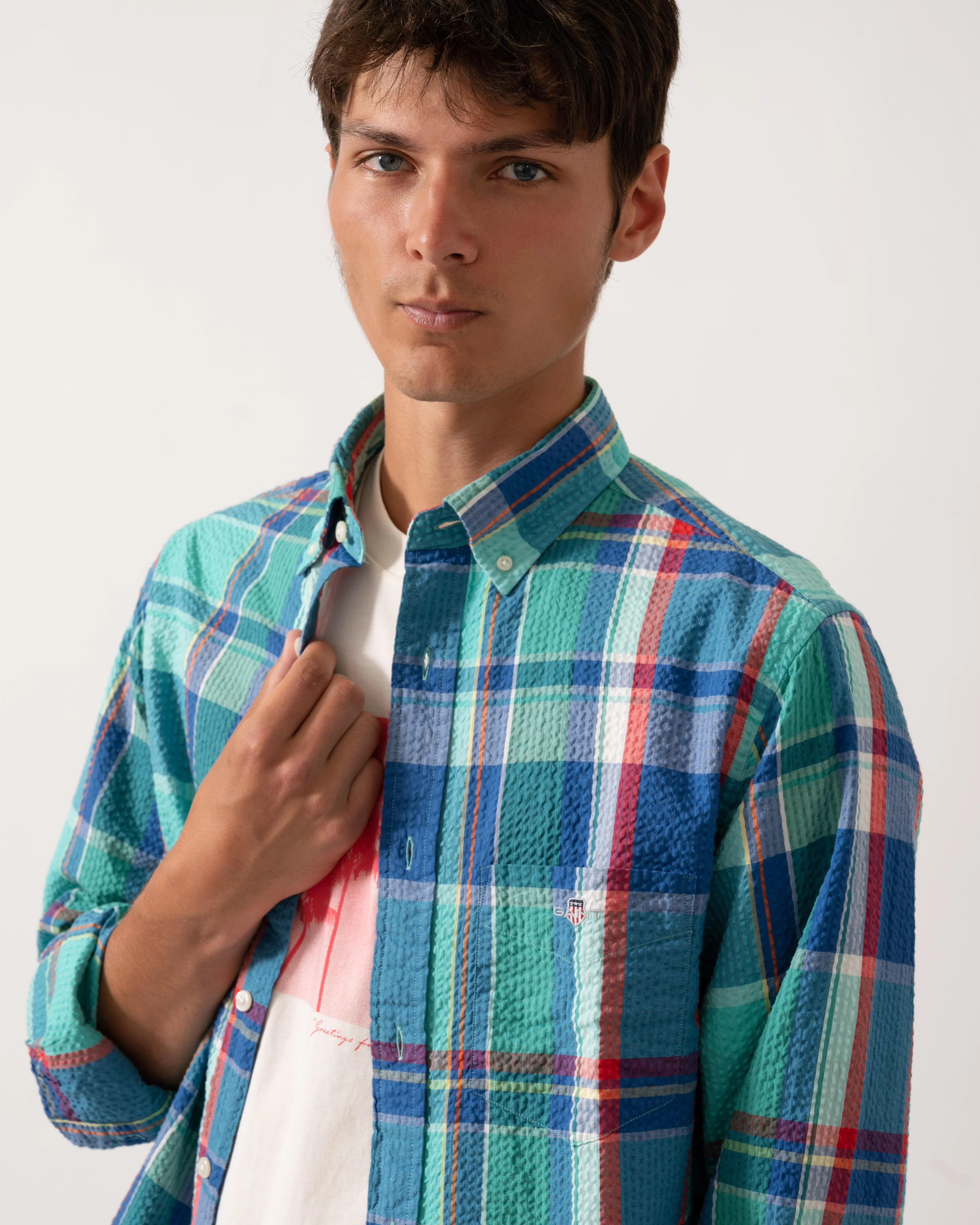 GANT Mens Regular Fit Seersucker Madras Shirt with Shield Logo 353 Tropic Blue - Image 3
