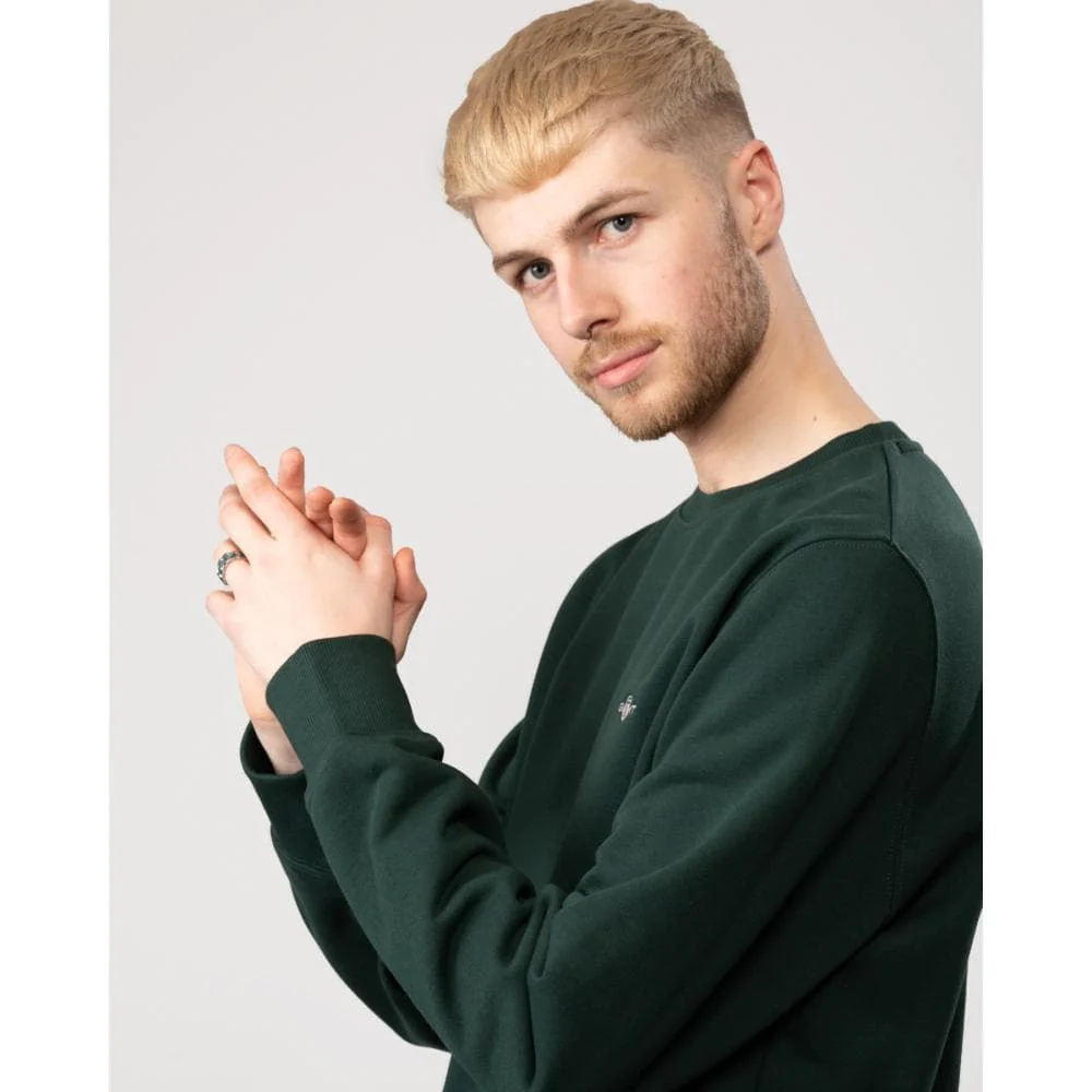 GANT Mens Regular Fit Shield Logo Crew Neck Sweatshirt - 374 Tartan Green - Image 2