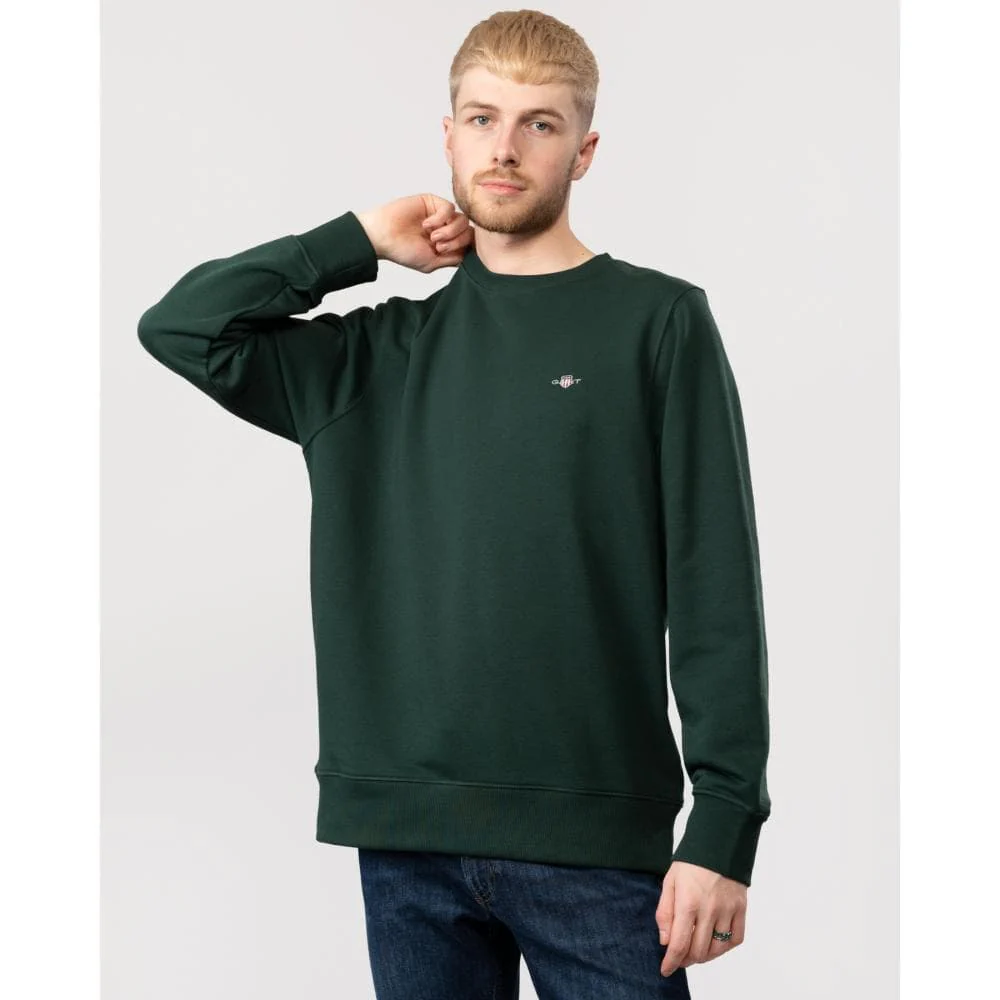 GANT Mens Regular Fit Shield Logo Crew Neck Sweatshirt - 374 Tartan Green - Image 4