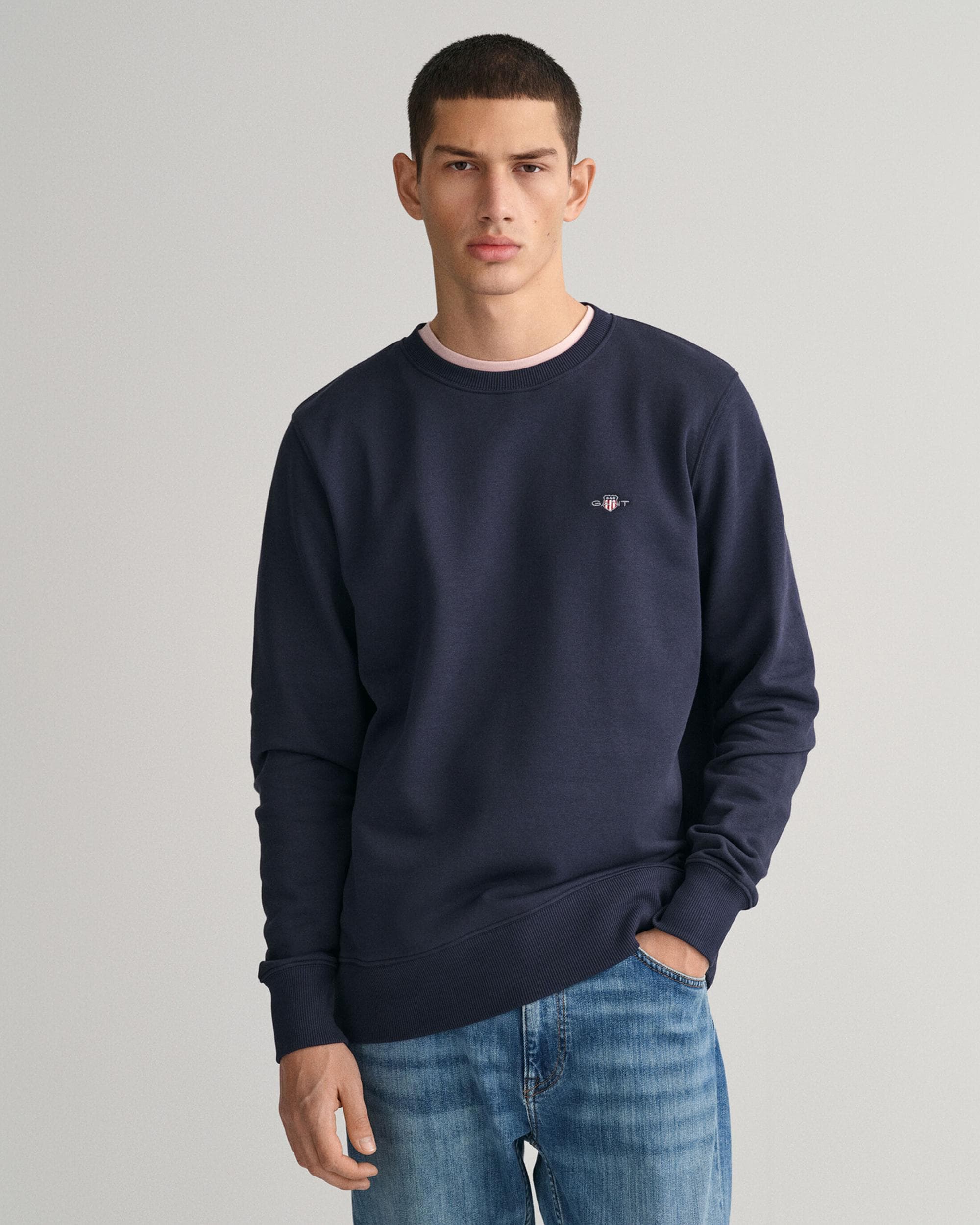GANT Mens Regular Fit Shield Logo Crew Neck Sweatshirt - 433 Evening Blue