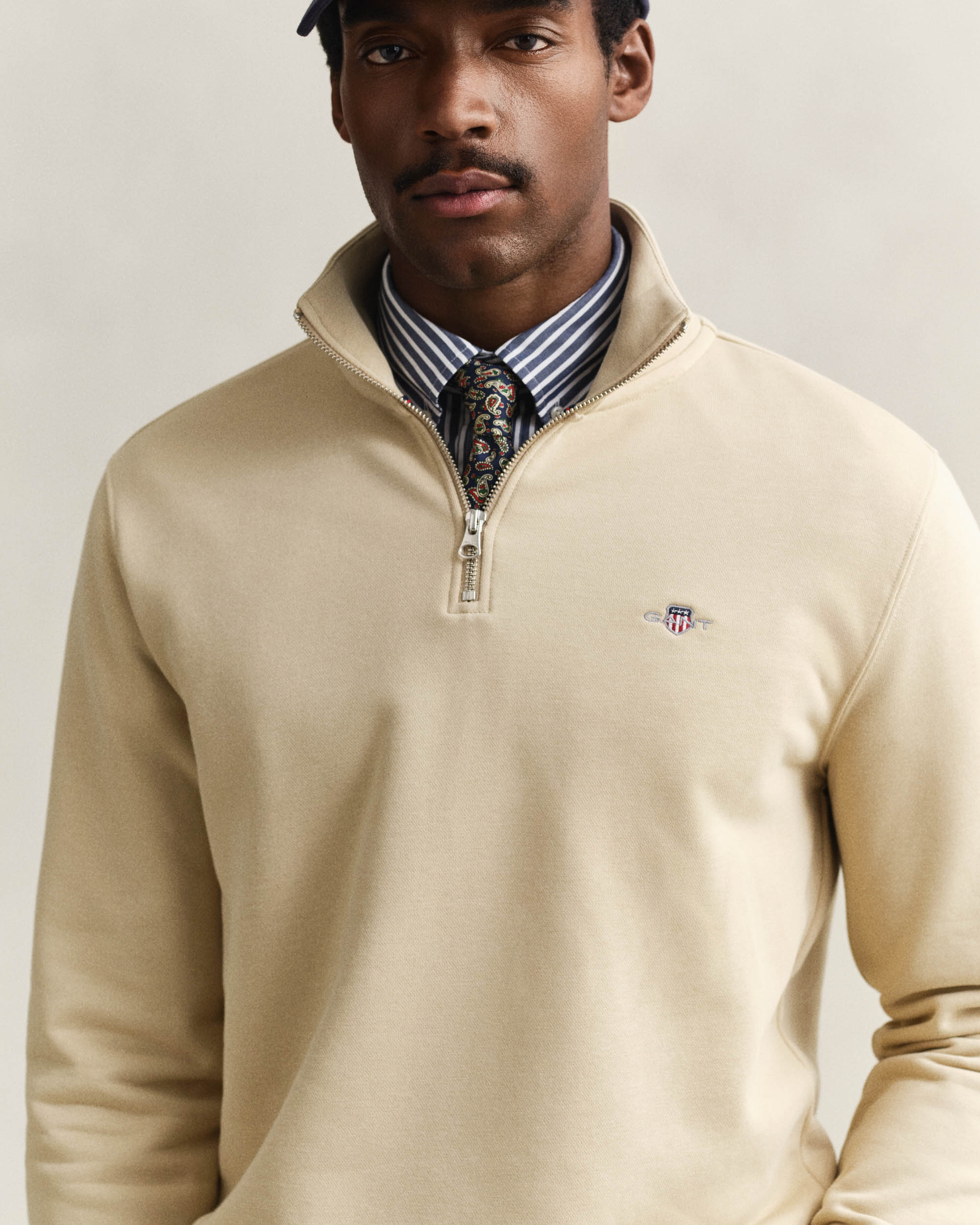 GANT Mens Regular Fit Shield Logo Half Zip Sweatshirt - 200 Oat Beige - Image 2