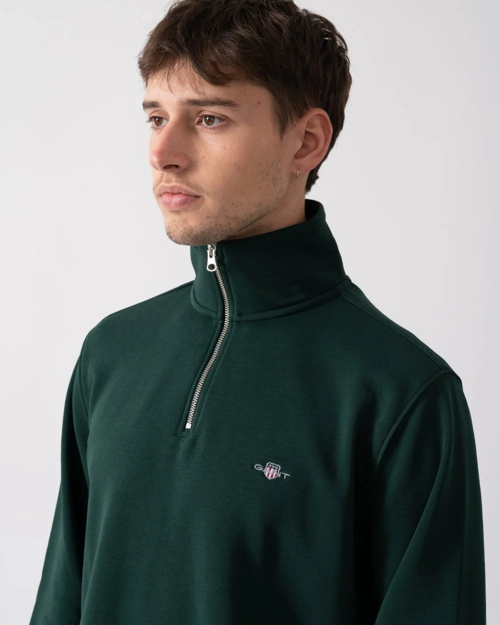 GANT Mens Regular Fit Shield Logo Half Zip Sweatshirt - 374 Tartan Green - Image 2