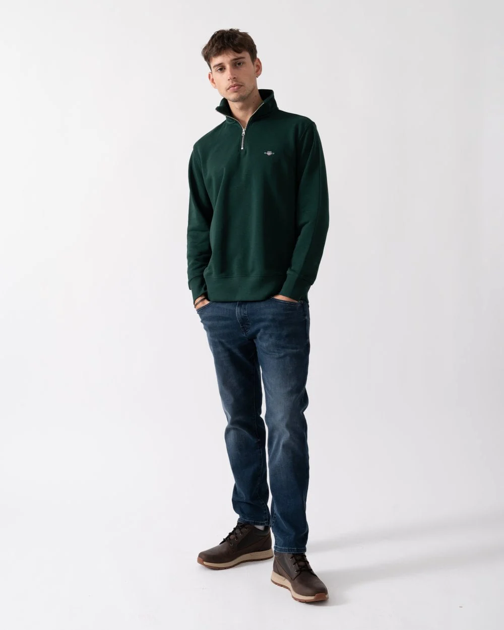 GANT Mens Regular Fit Shield Logo Half Zip Sweatshirt - 374 Tartan Green - Image 3