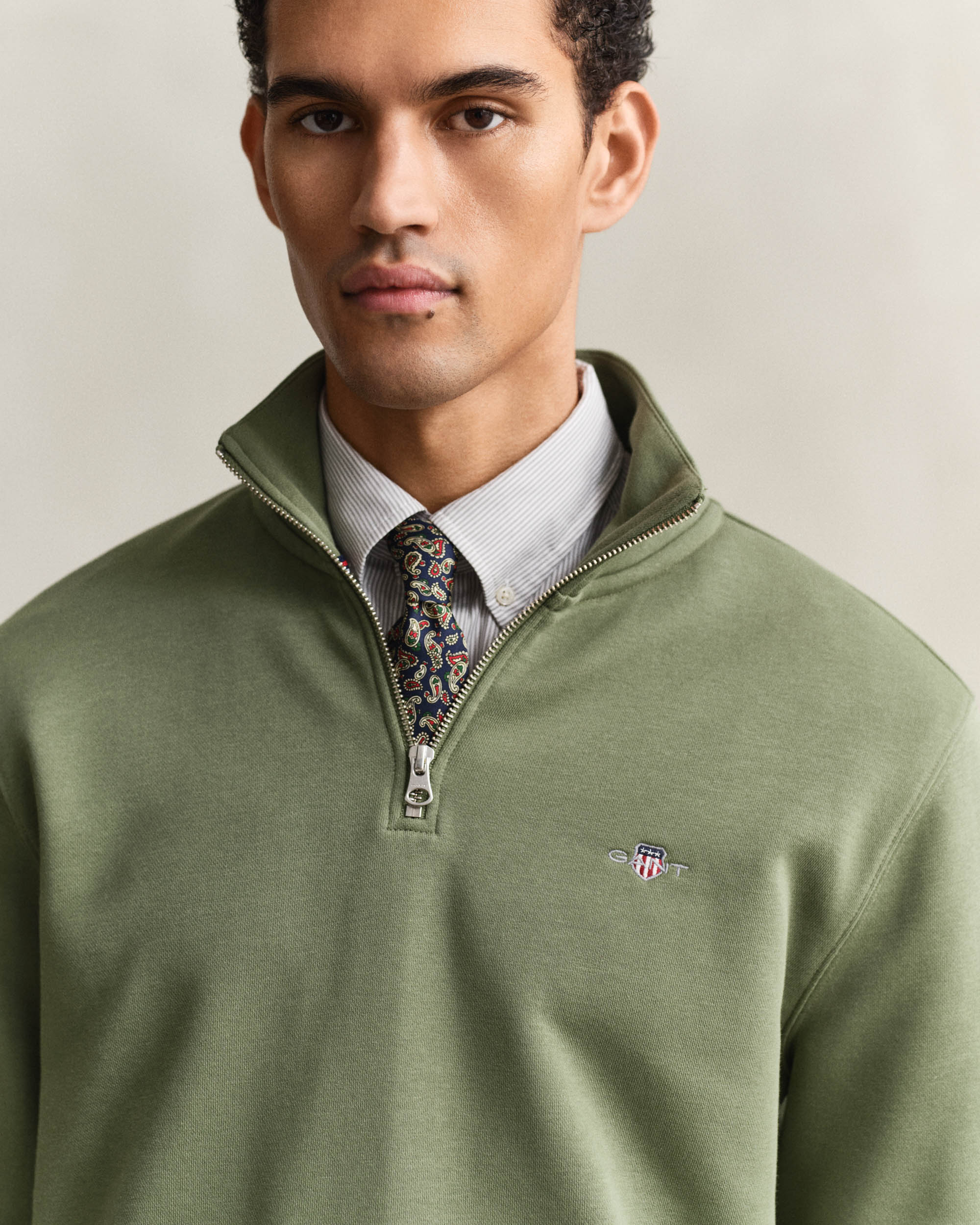 GANT Mens Regular Fit Shield Logo Half Zip Sweatshirt - 379 Dry Herb Green - Image 2