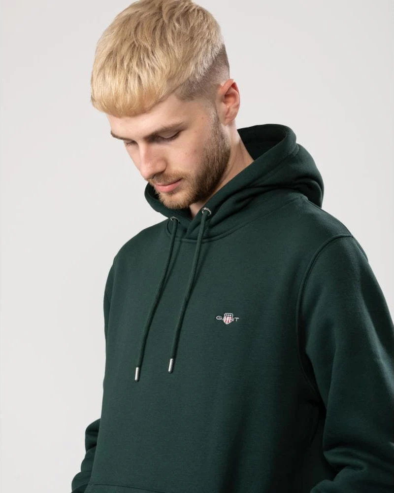 GANT Mens Regular Fit Shield Logo Pullover Hoodie - 374 Tartan Green - Image 2