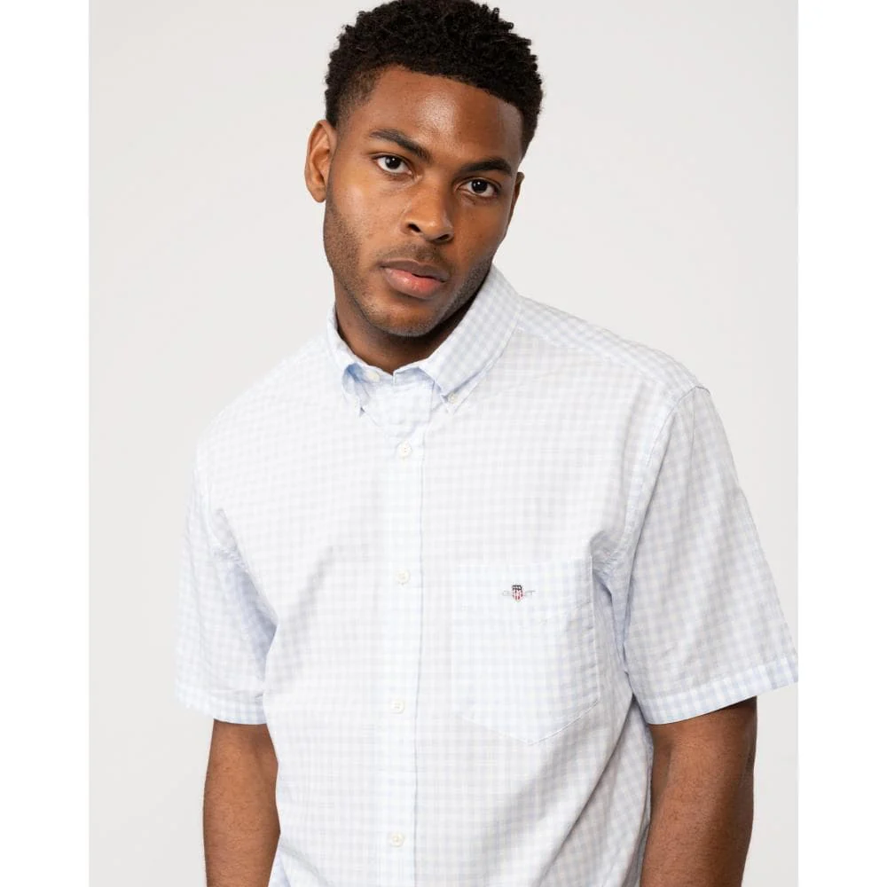 GANT Mens Regular Fit Short Sleeve Poplin Gingham Shirt - 455 Light Blue - Image 4