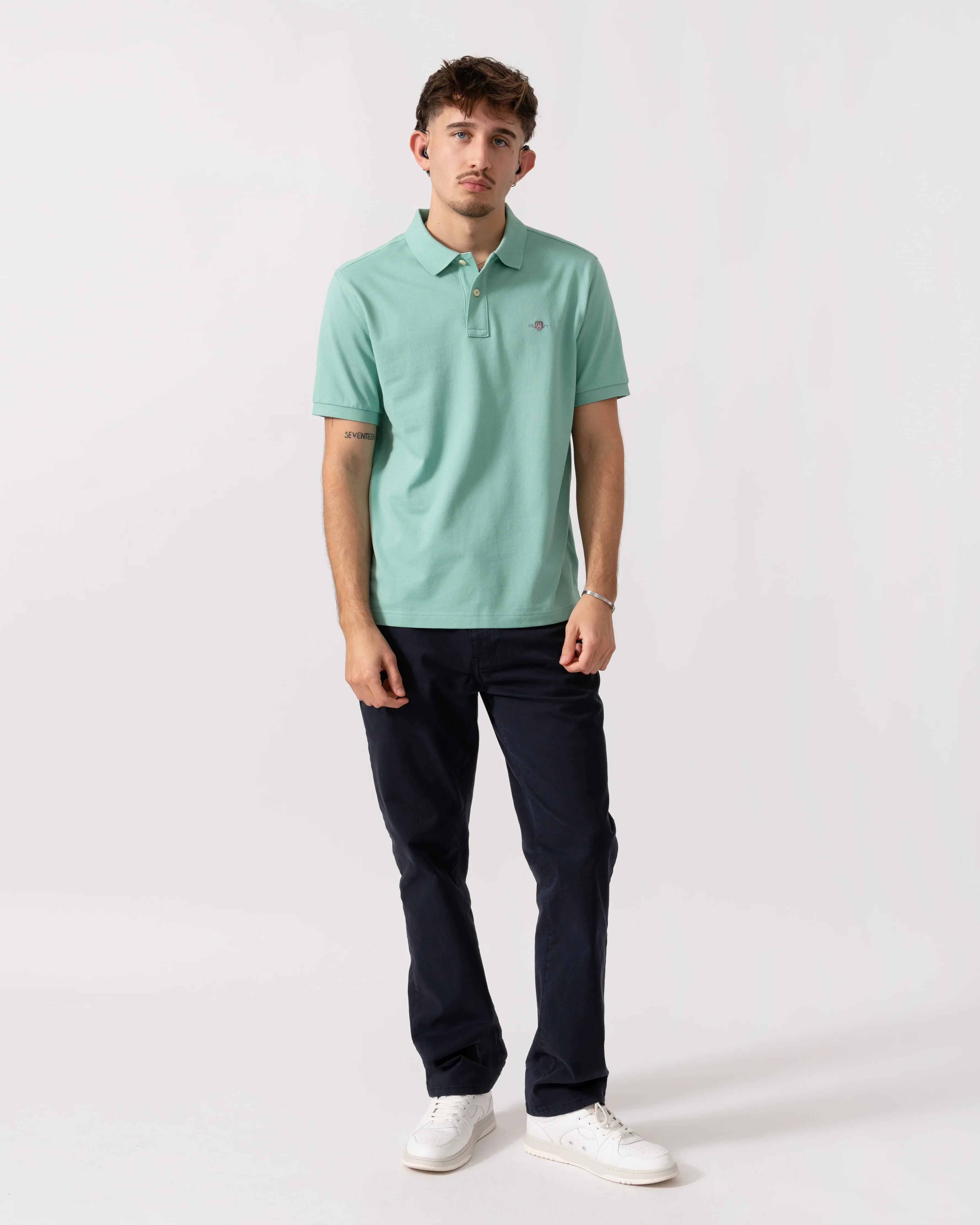 GANT Mens Regular Fit Short Sleeve Shield Logo Pique Polo - 323 Muted Turquoise - Image 2