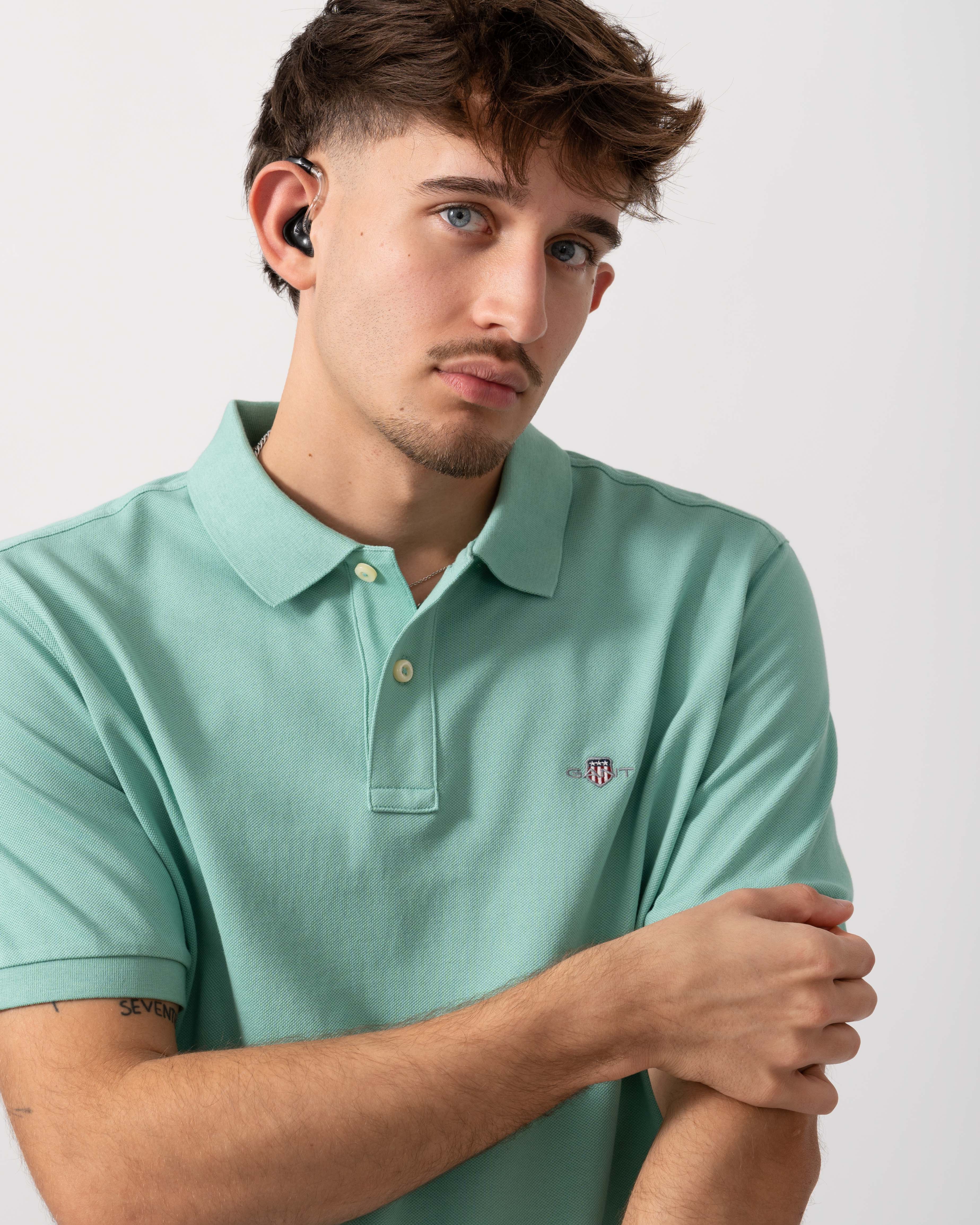 GANT Mens Regular Fit Short Sleeve Shield Logo Pique Polo - 323 Muted Turquoise - Image 3