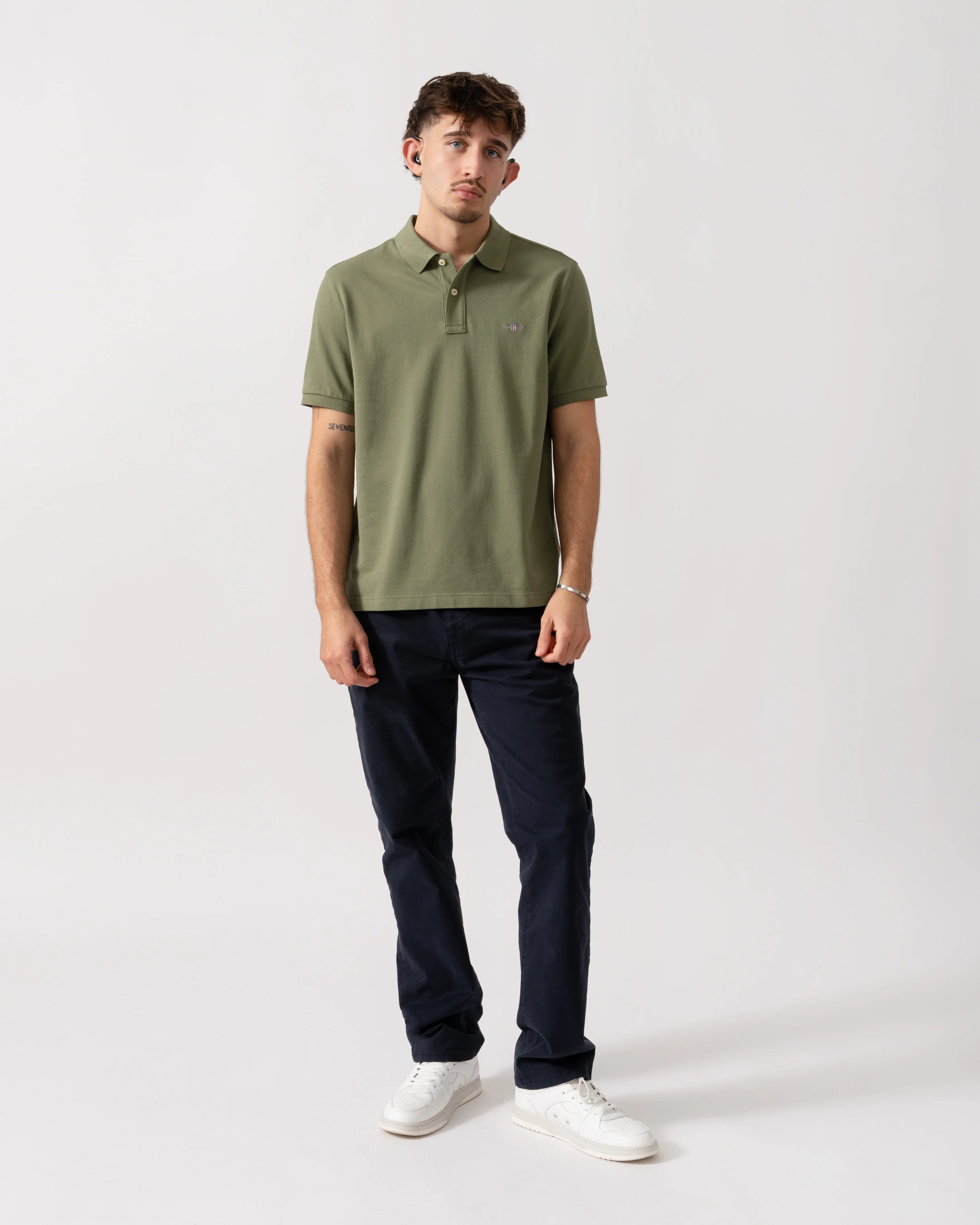 GANT Mens Regular Fit Short Sleeve Shield Logo Pique Polo - 379 Dry Herb Green - Image 2