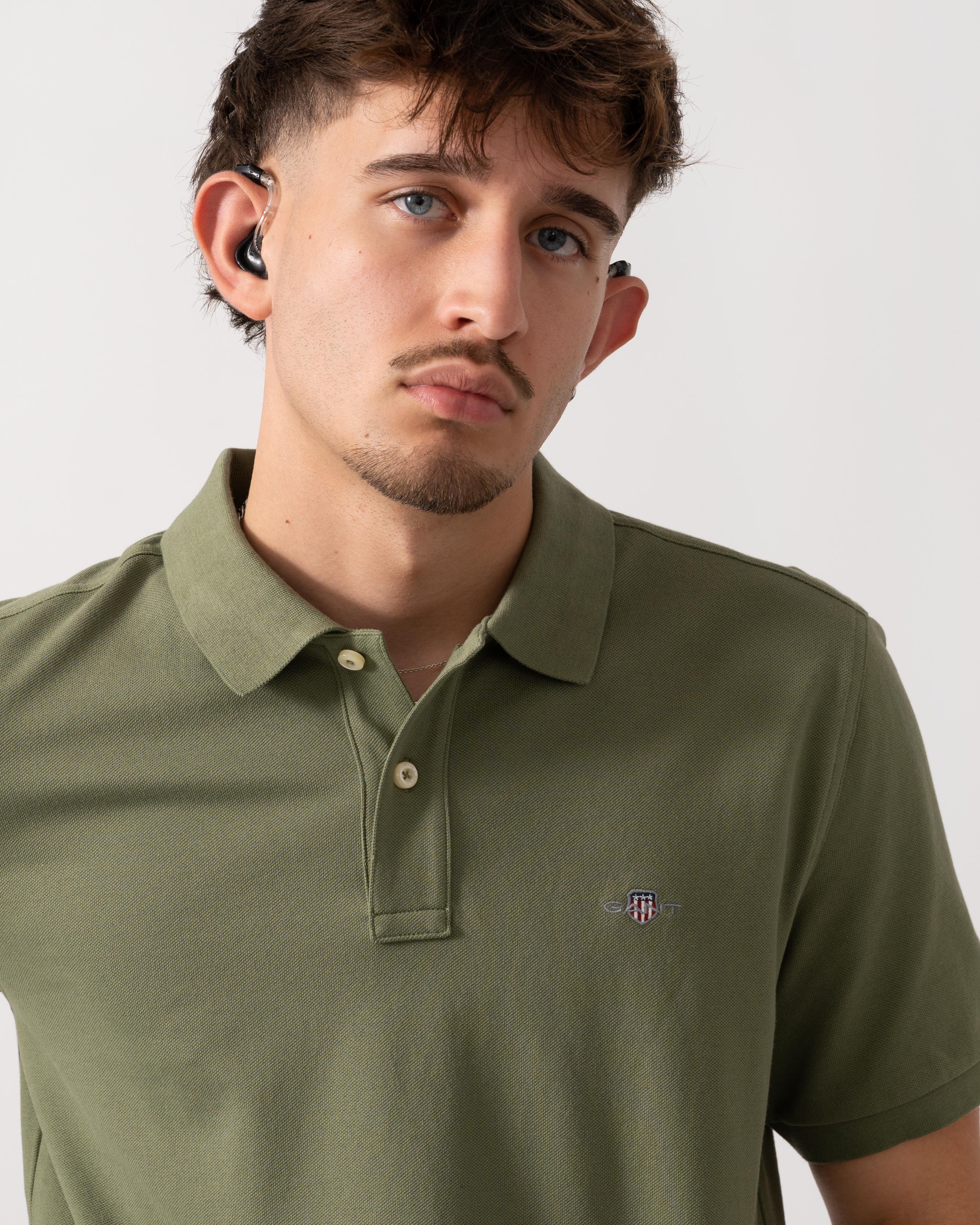 GANT Mens Regular Fit Short Sleeve Shield Logo Pique Polo - 379 Dry Herb Green - Image 3