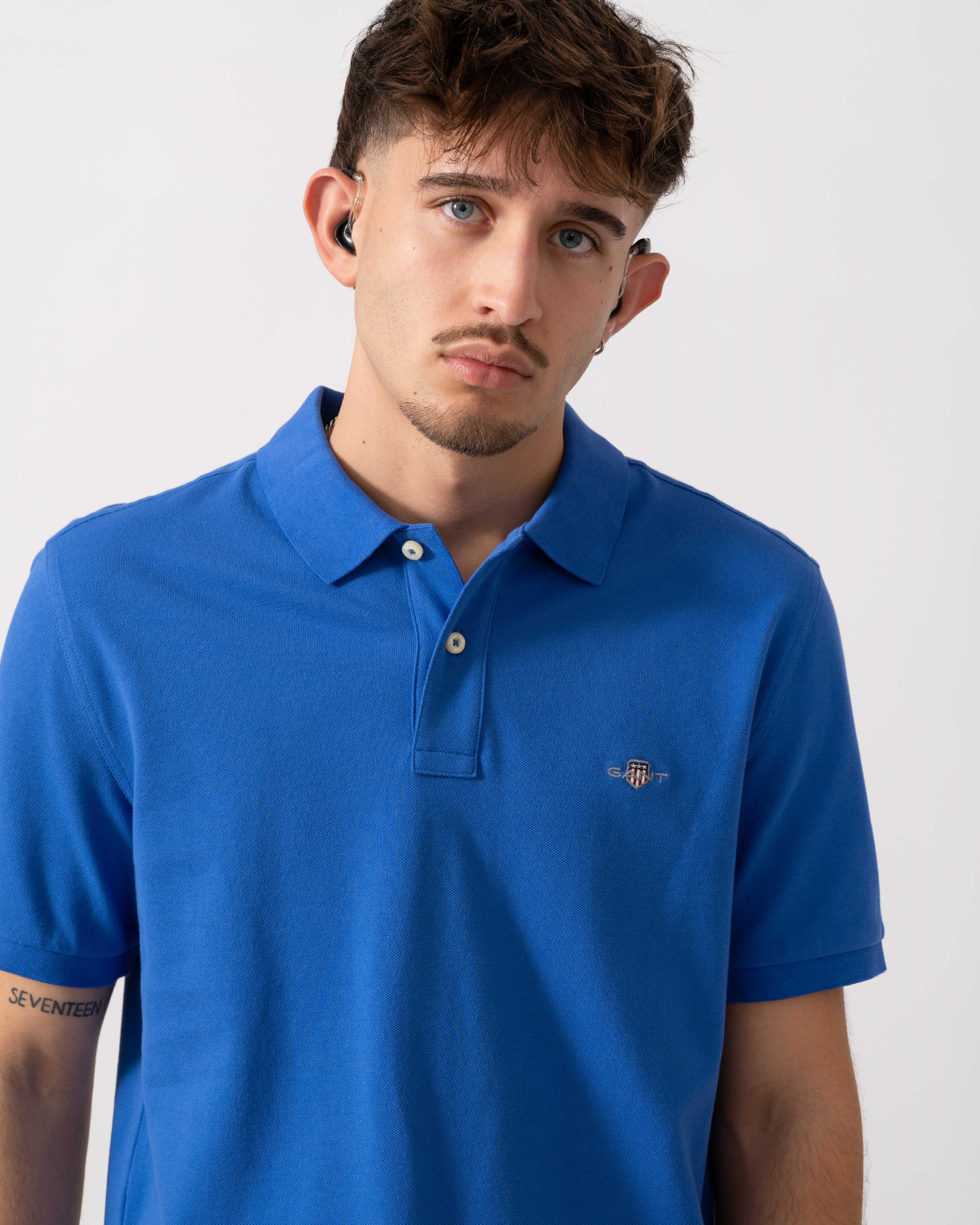 GANT Mens Regular Fit Short Sleeve Shield Logo Pique Polo - 417 Royal Blue - Image 2