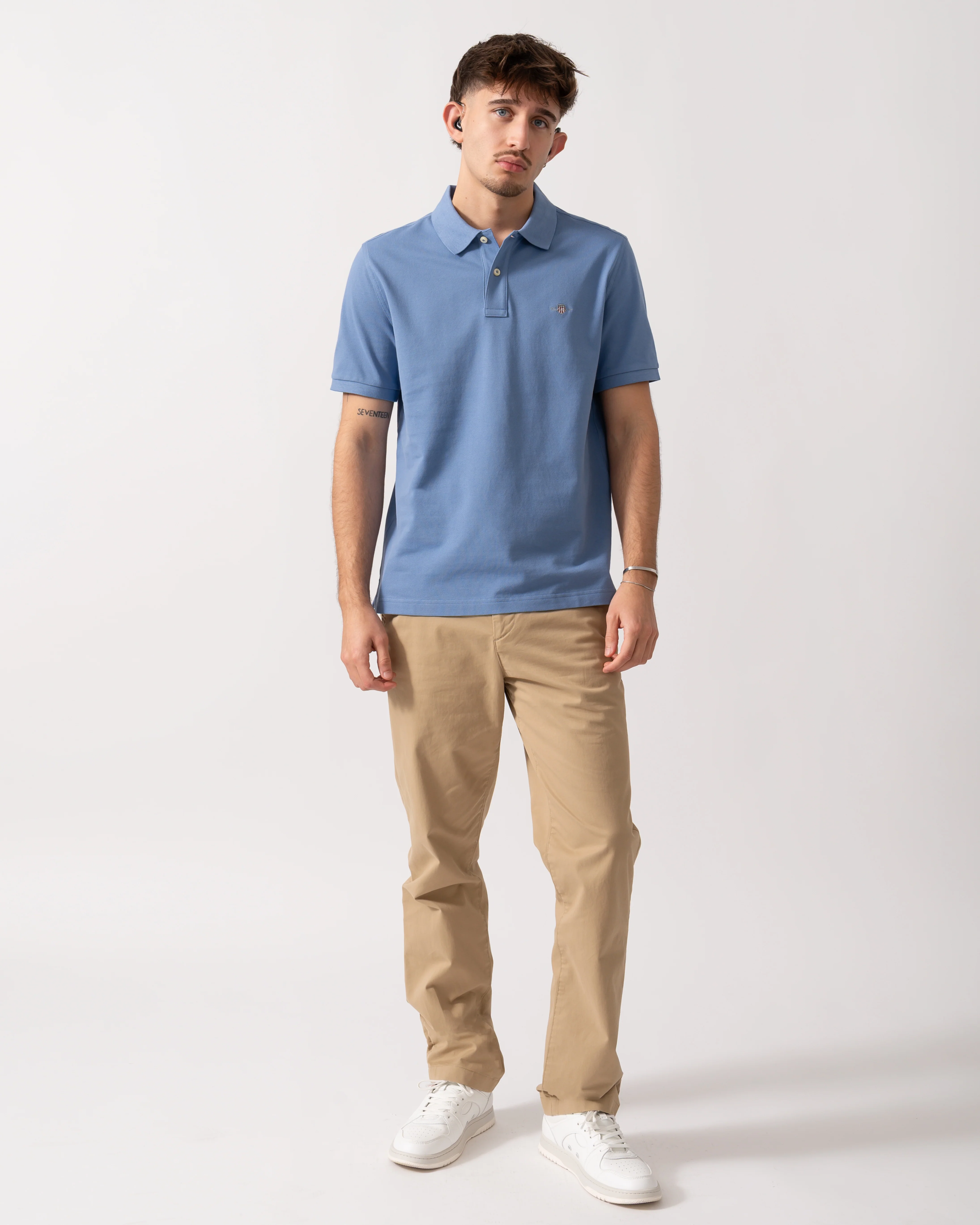 GANT Mens Regular Fit Short Sleeve Shield Logo Pique Polo - 430 Faded Denim - Image 2