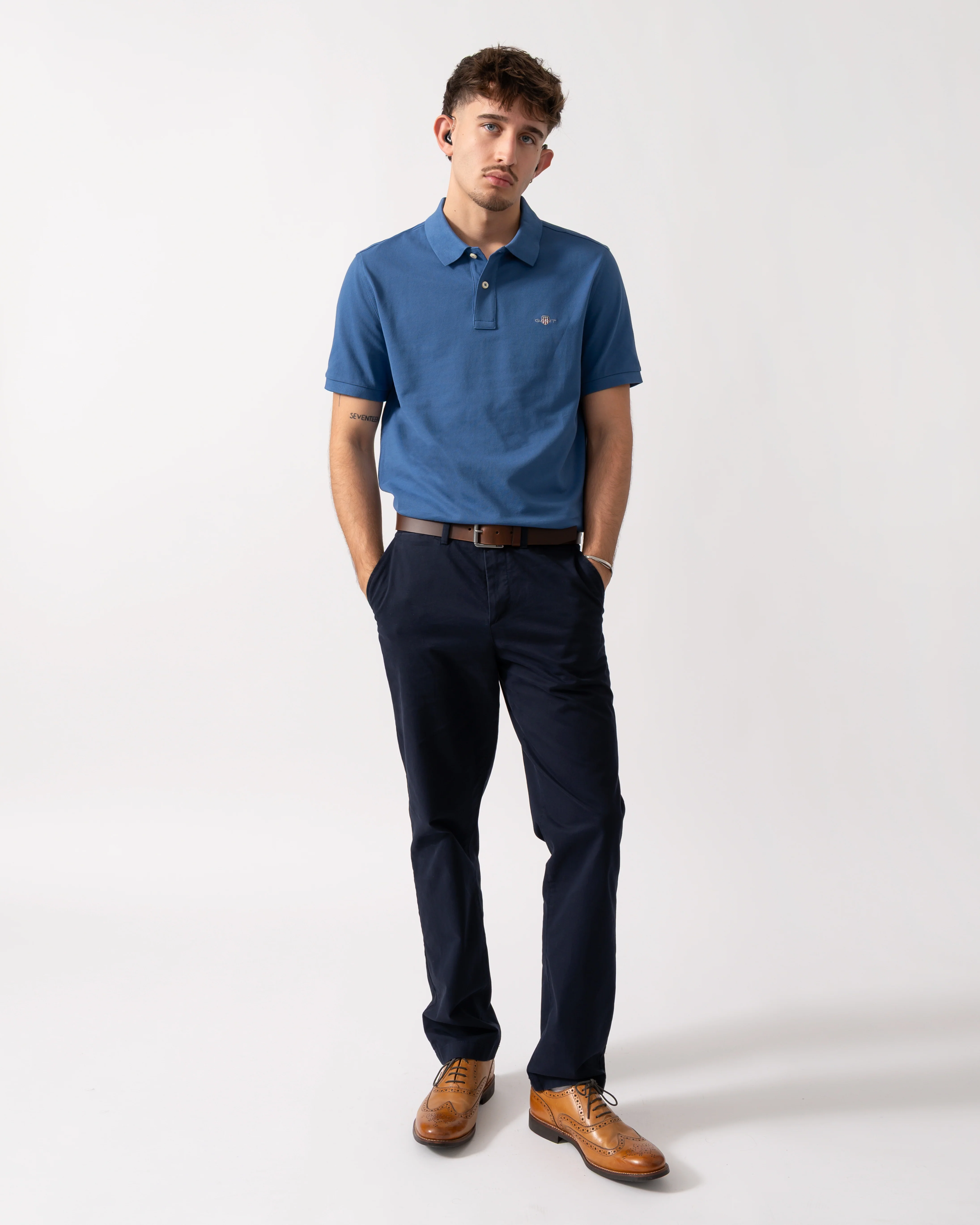 GANT Mens Regular Fit Short Sleeve Shield Logo Pique Polo - 442 Vintage Blue - Image 2