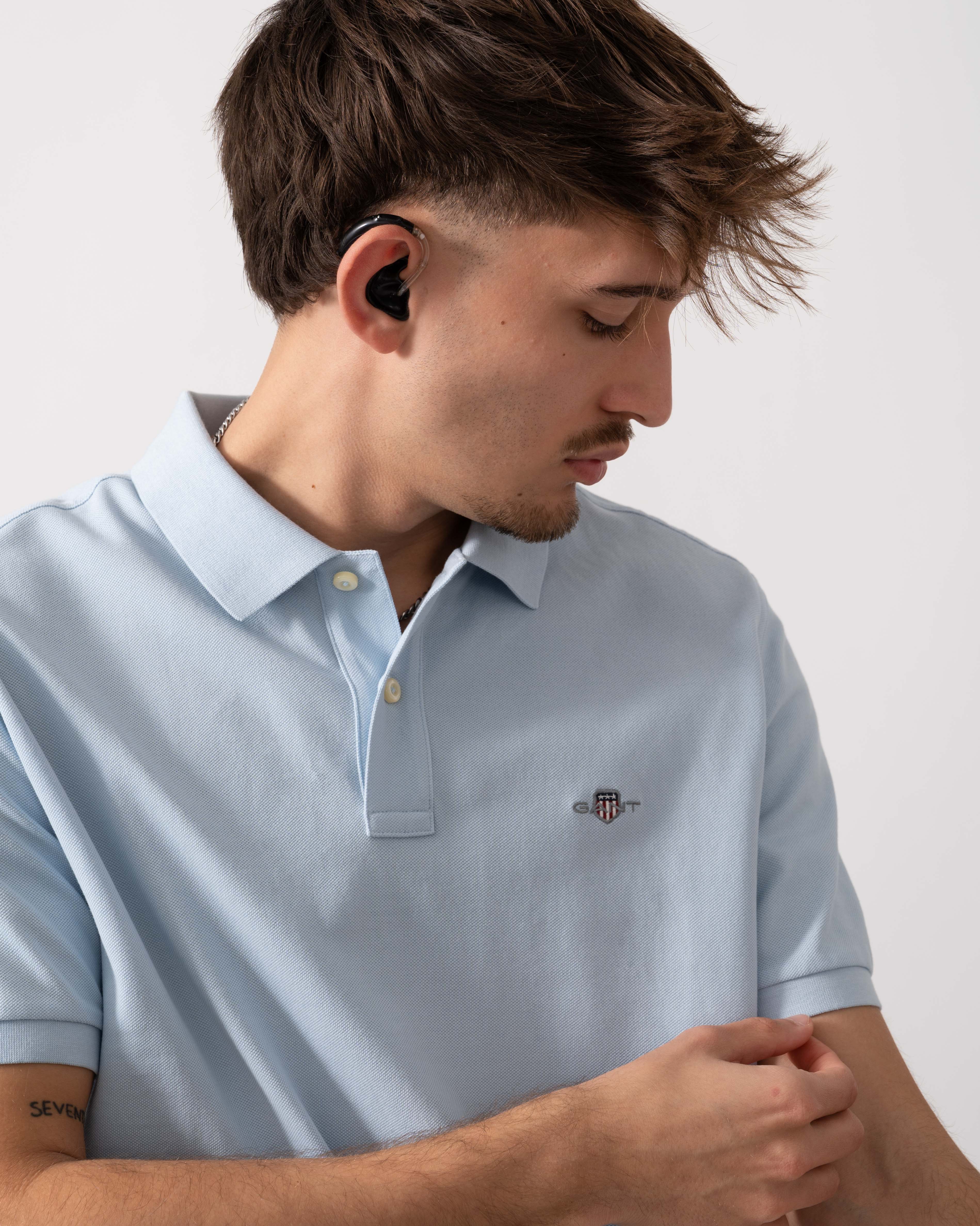 GANT Mens Regular Fit Short Sleeve Shield Logo Pique Polo - 457 Fresh Blue - Image 3