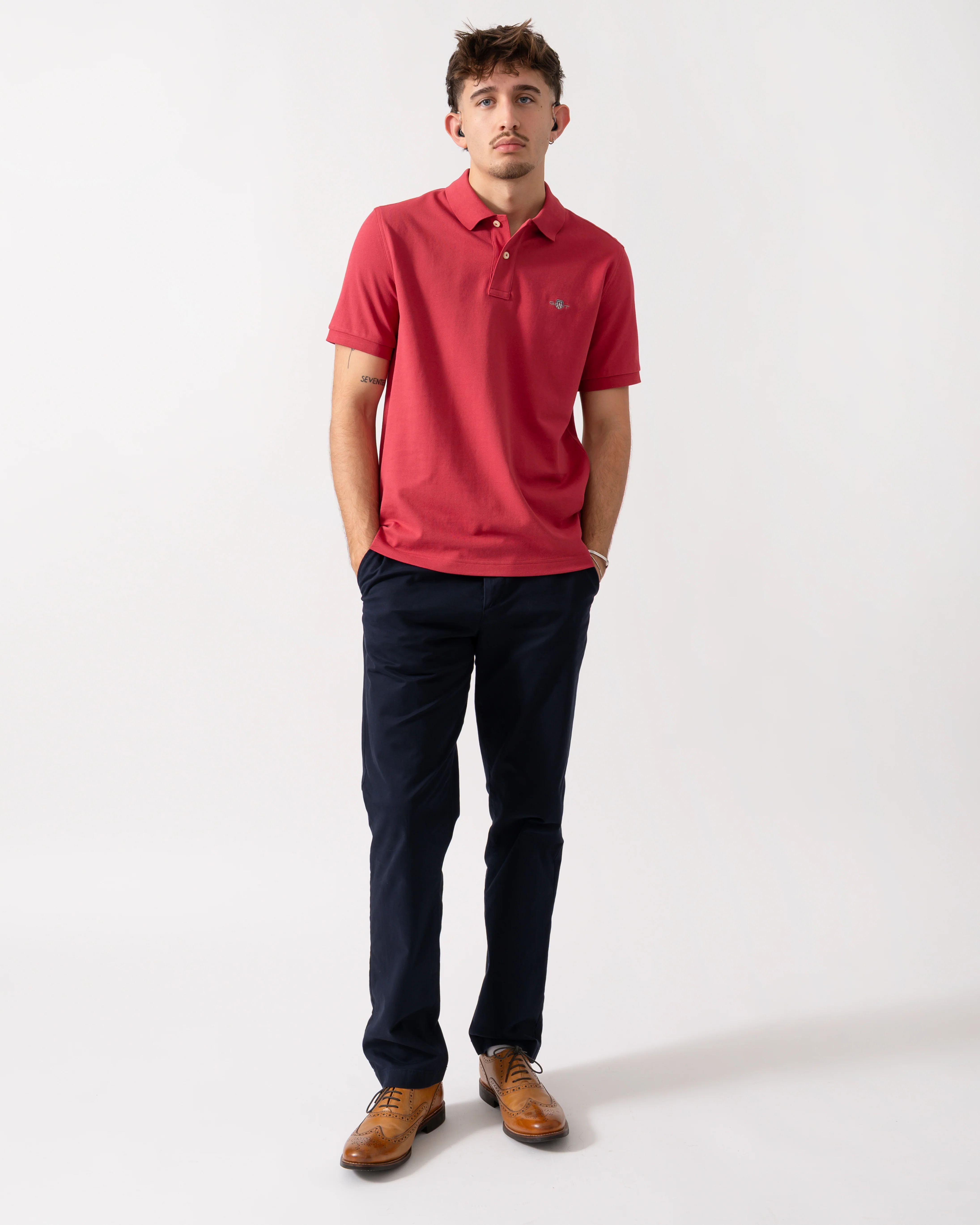 GANT Mens Regular Fit Short Sleeve Shield Logo Pique Polo - 609 Muted Red - Image 2