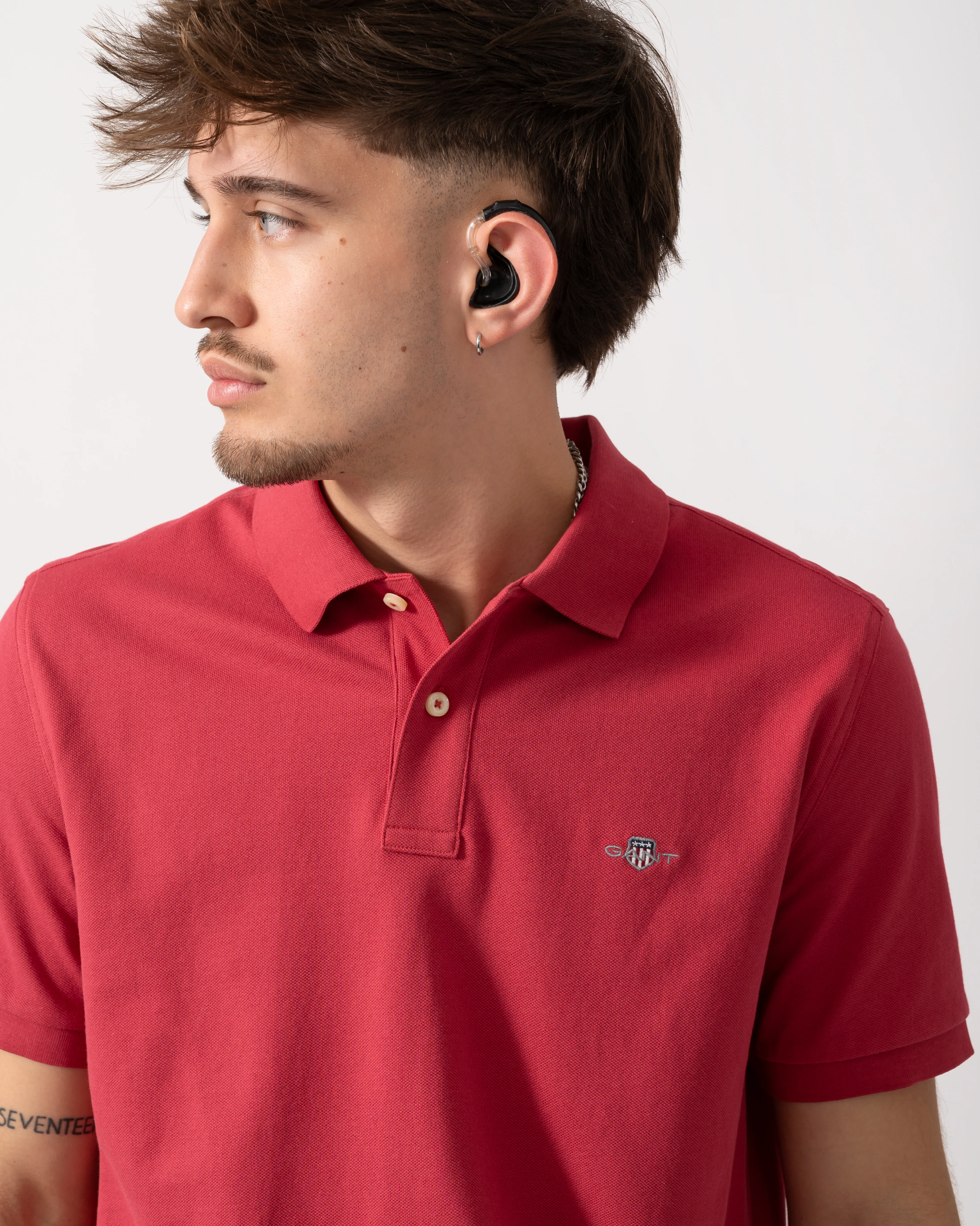 GANT Mens Regular Fit Short Sleeve Shield Logo Pique Polo - 609 Muted Red - Image 3