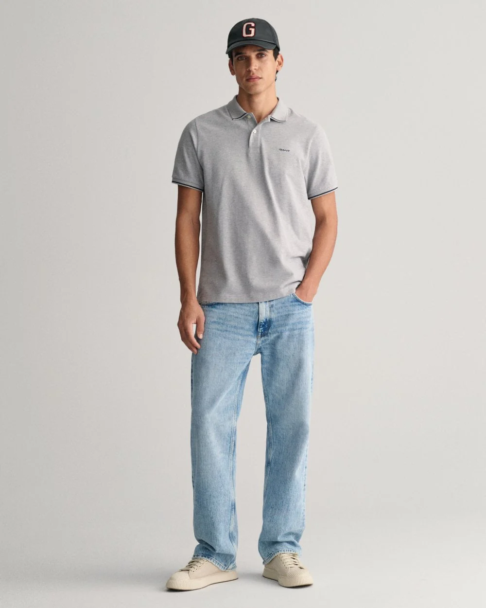 GANT Mens Short Sleeve Tipping Pique Polo - 93 Grey Melange - Image 2