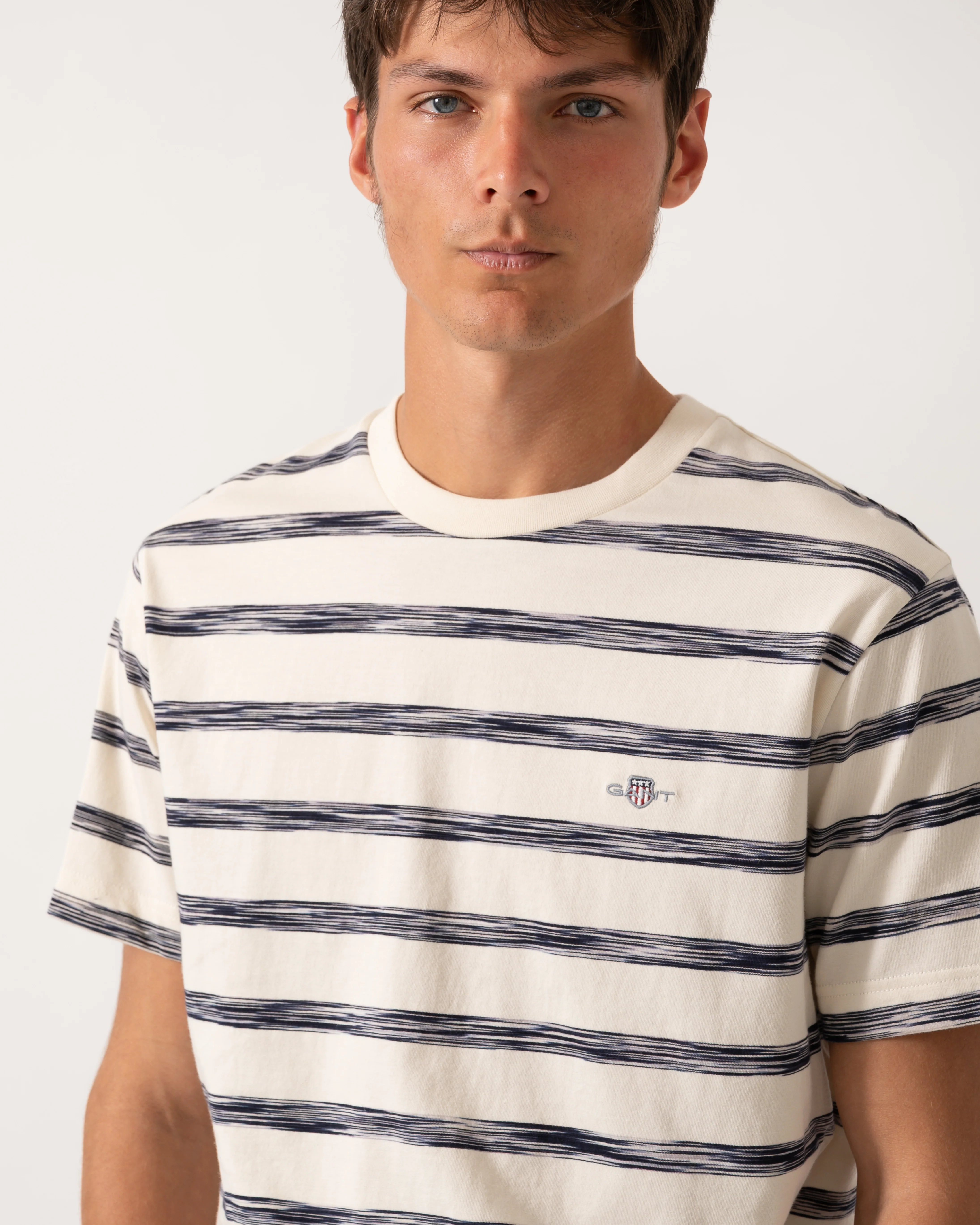 GANT Mens Striped Crew Neck Short Sleeve T-Shirt - 130 Cream - Image 2