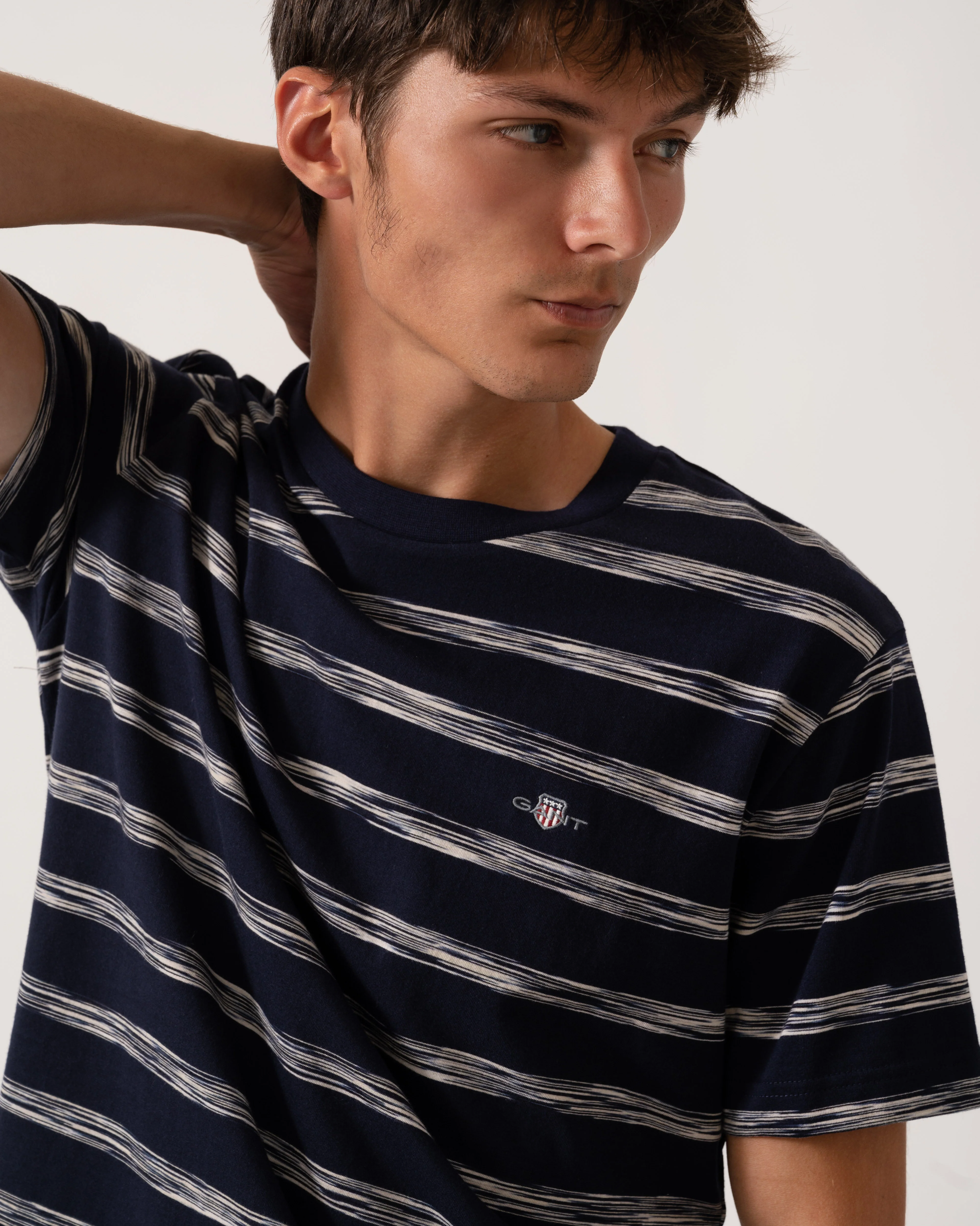 GANT Mens Striped Crew Neck Short Sleeve T-Shirt - 433 Evening Blue - Image 2