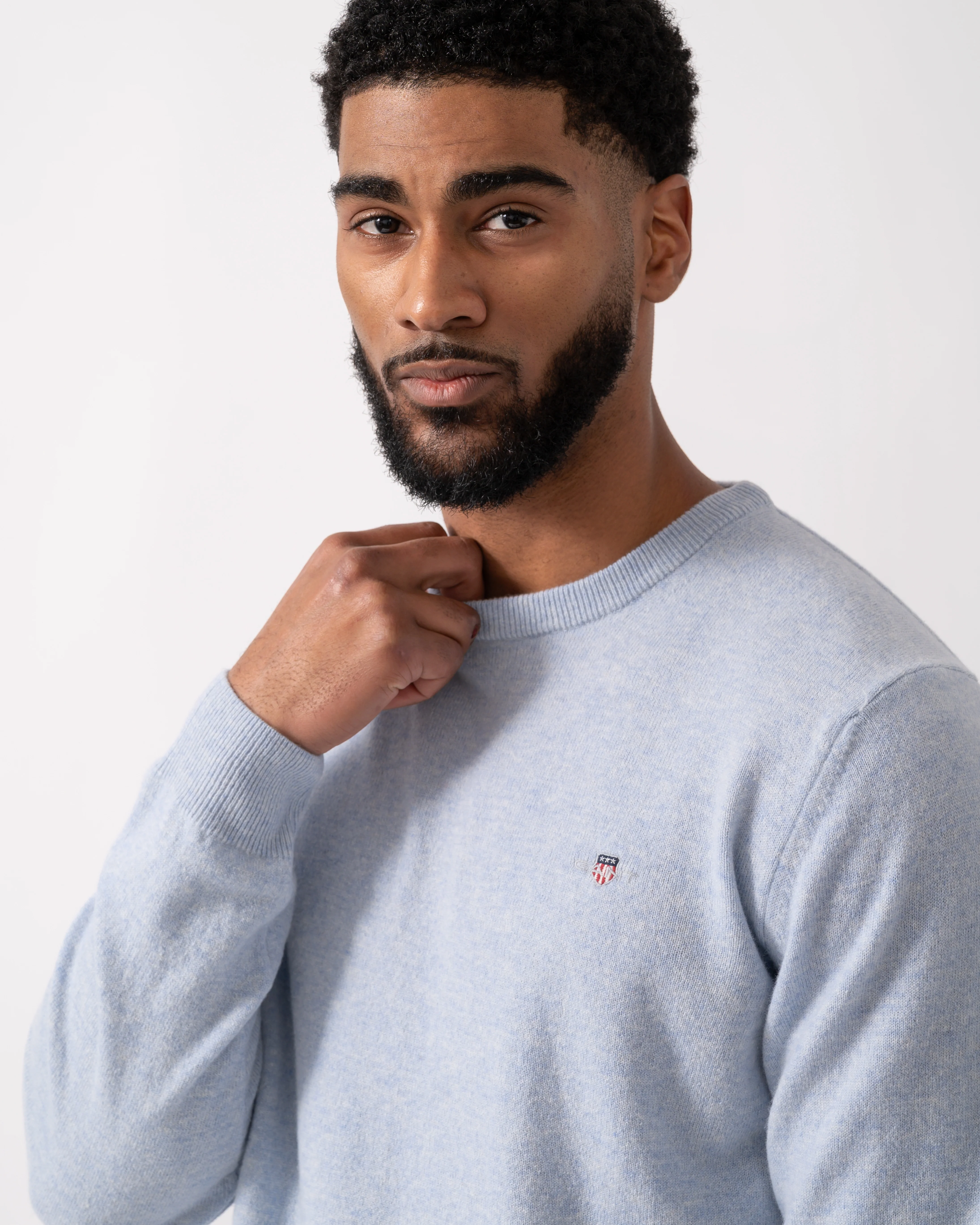 GANT Mens Superfine Lambswool Crew Neck Jumper - 498 Ice Blue Melange - Image 3