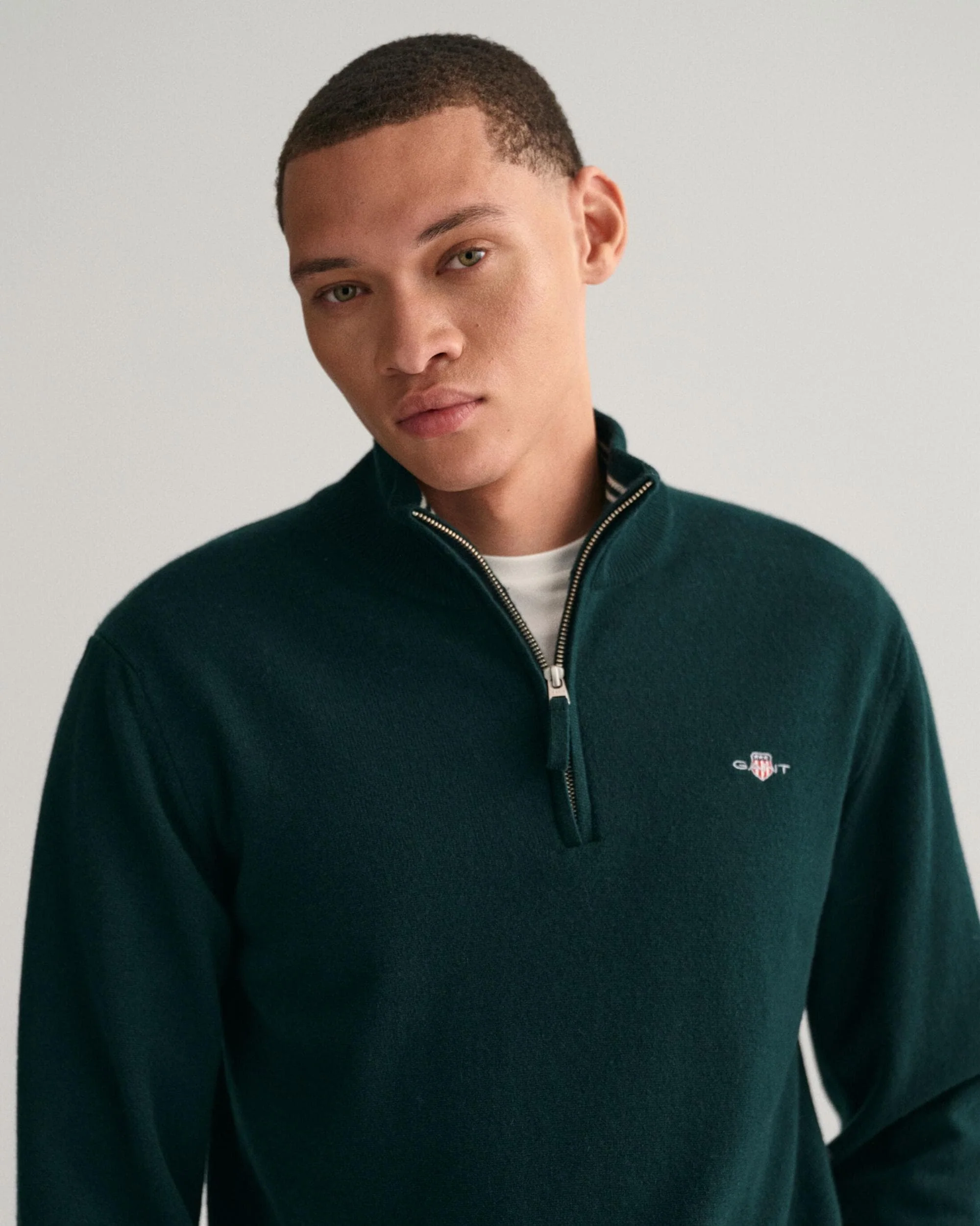 GANT Mens Superfine Lambswool Half Zip Cardigan - 374 Tartan Green - Image 3