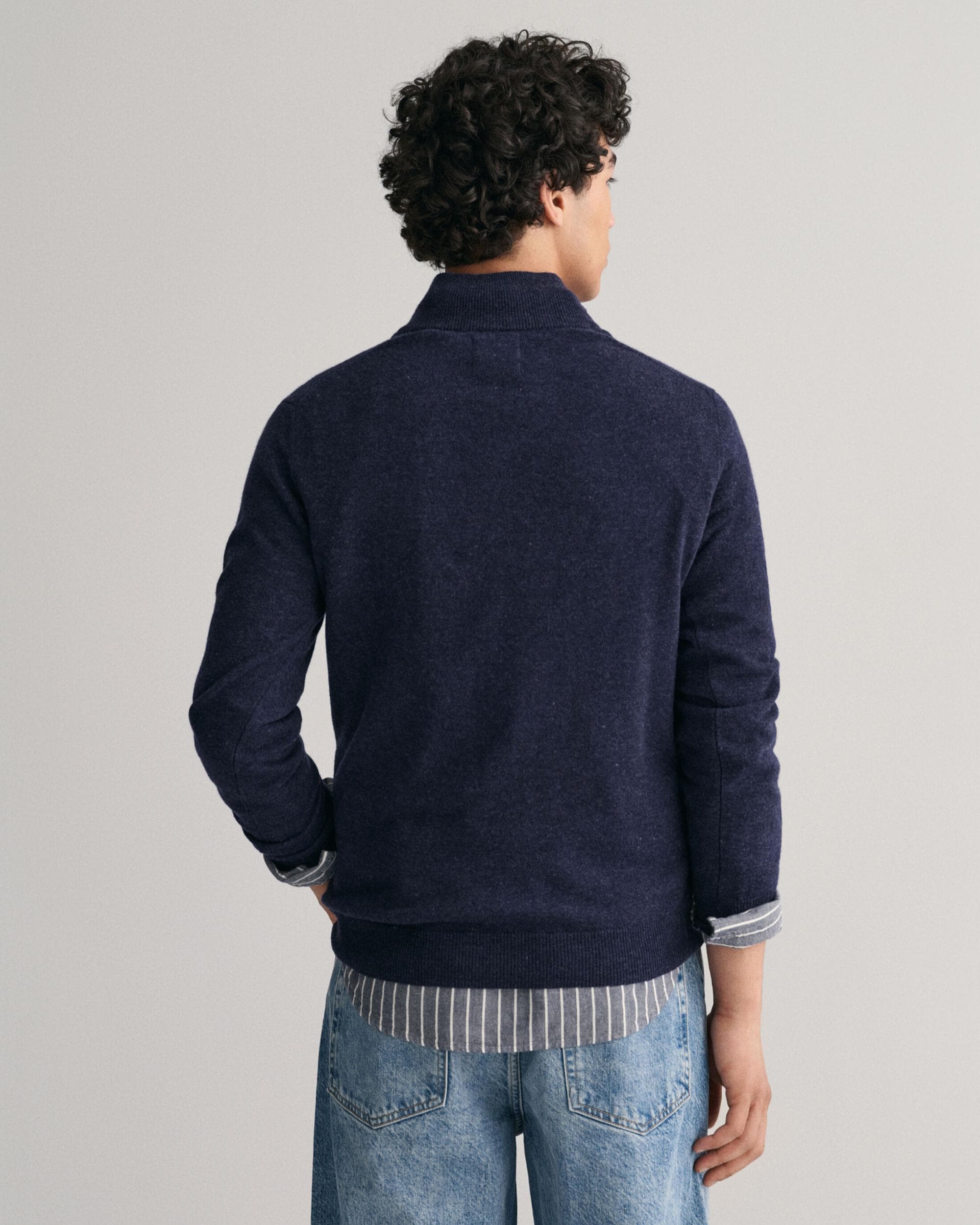 GANT Mens Superfine Lambswool Half Zip Cardigan - 480 Dark Navy Melange - Image 2
