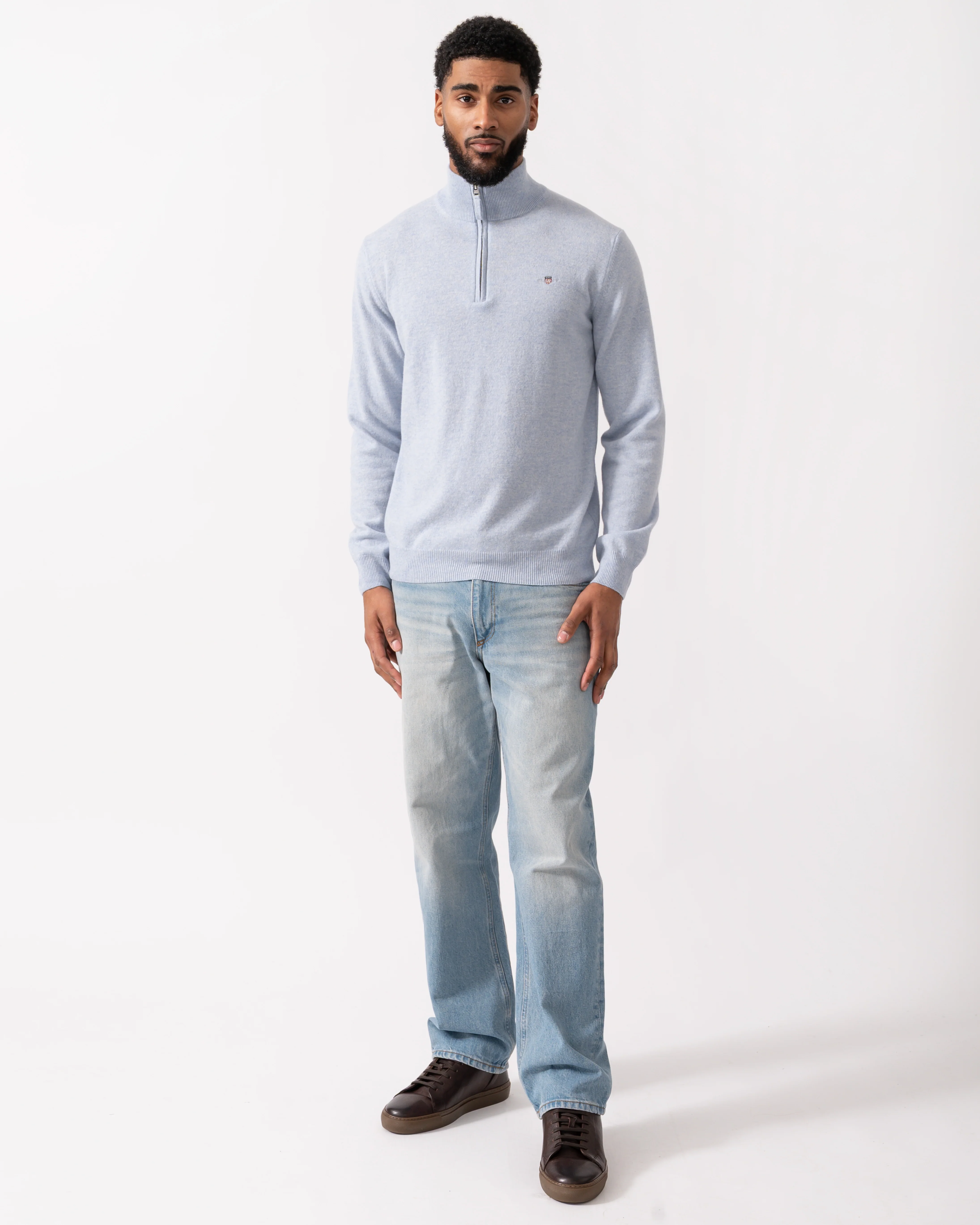 GANT Mens Superfine Lambswool Half Zip Cardigan - 498 Ice Blue Melange - Image 2