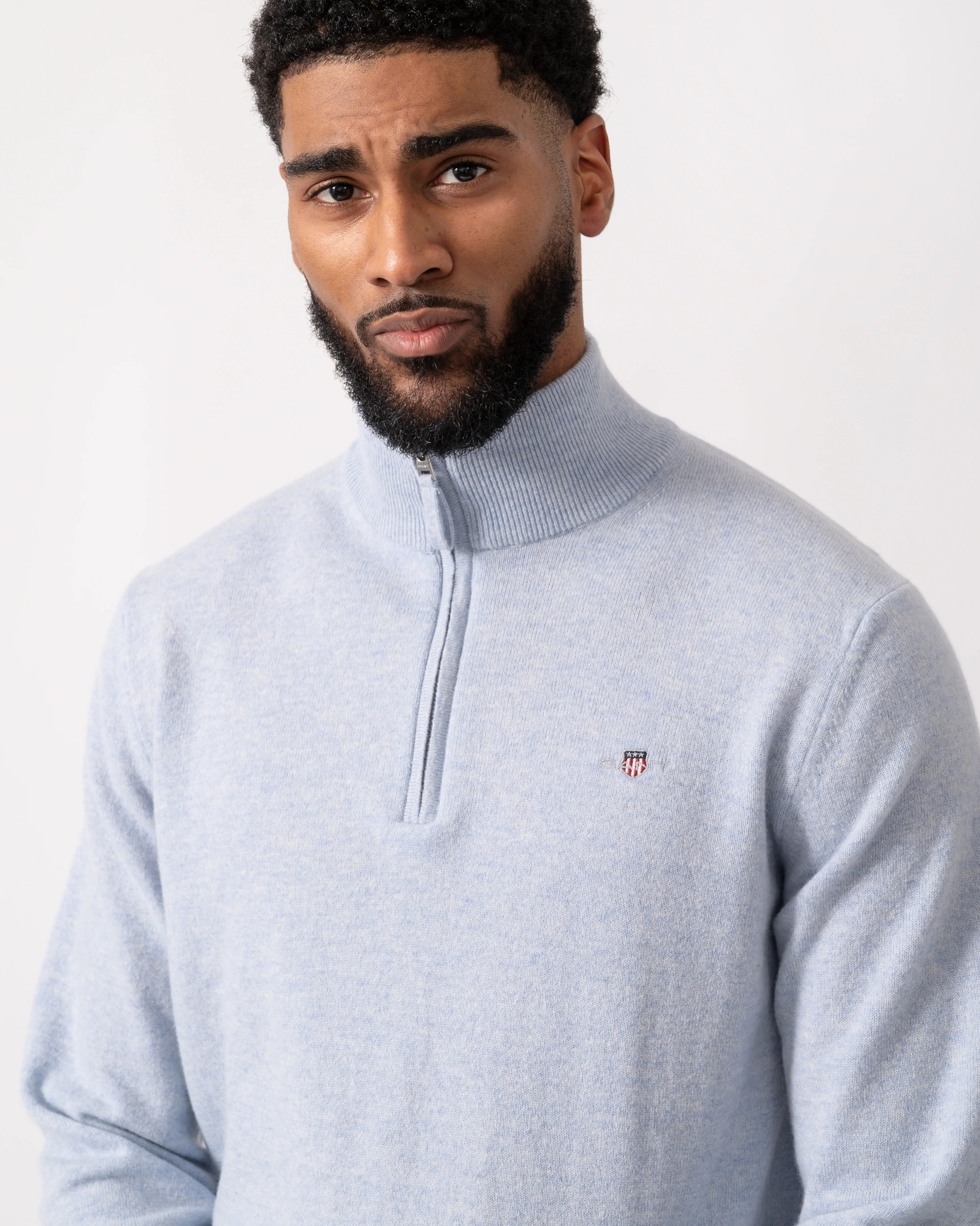 GANT Mens Superfine Lambswool Half Zip Cardigan - 498 Ice Blue Melange - Image 3