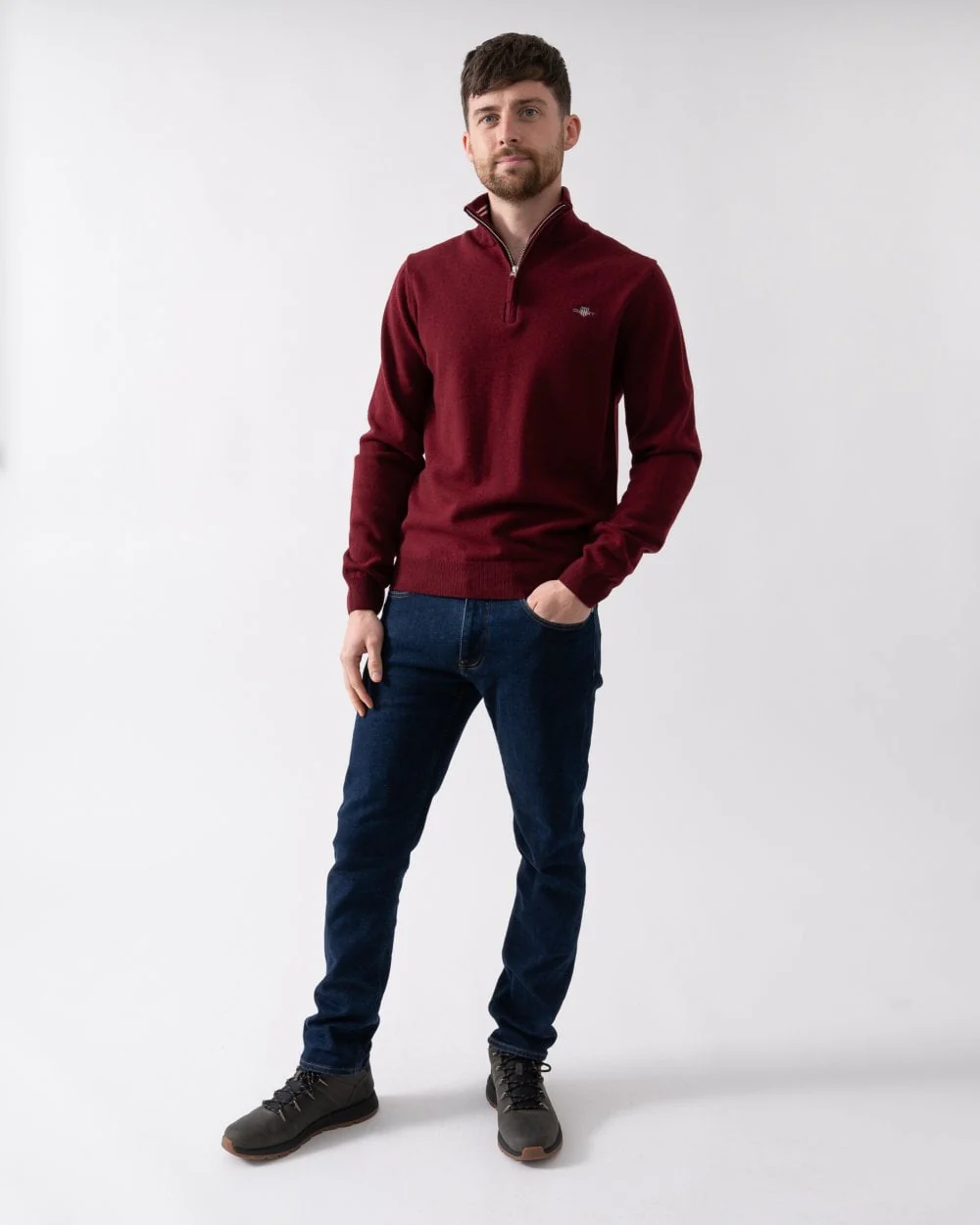 GANT Mens Superfine Lambswool Half Zip Cardigan - 604 Plumped Red - Image 2