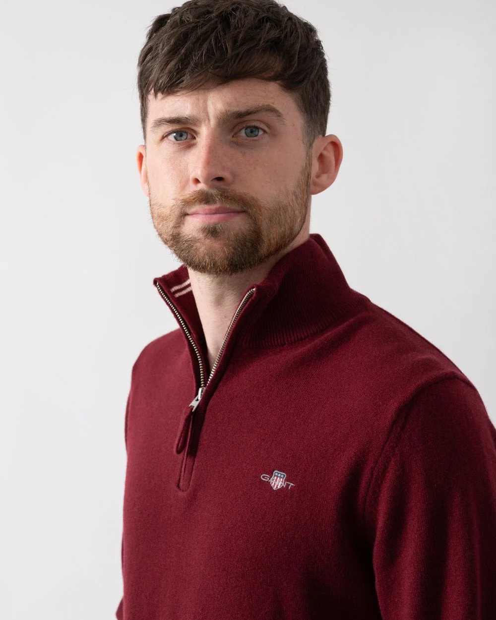 GANT Mens Superfine Lambswool Half Zip Cardigan - 604 Plumped Red - Image 3