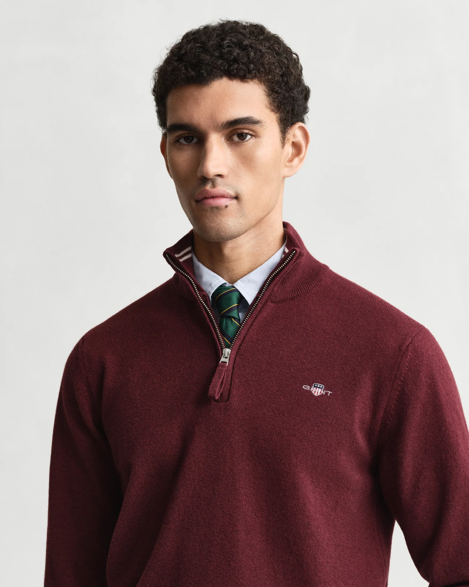 GANT Mens Superfine Lambswool Half Zip Cardigan - 677 Bordeaux Melange - Image 2