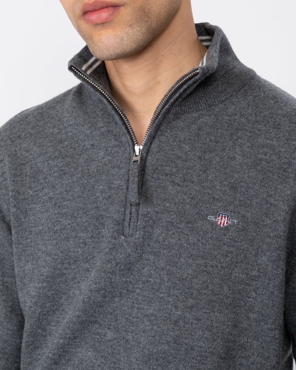 GANT Mens Superfine Lambswool Half Zip Cardigan - 90 Charcoal Melange - Image 2