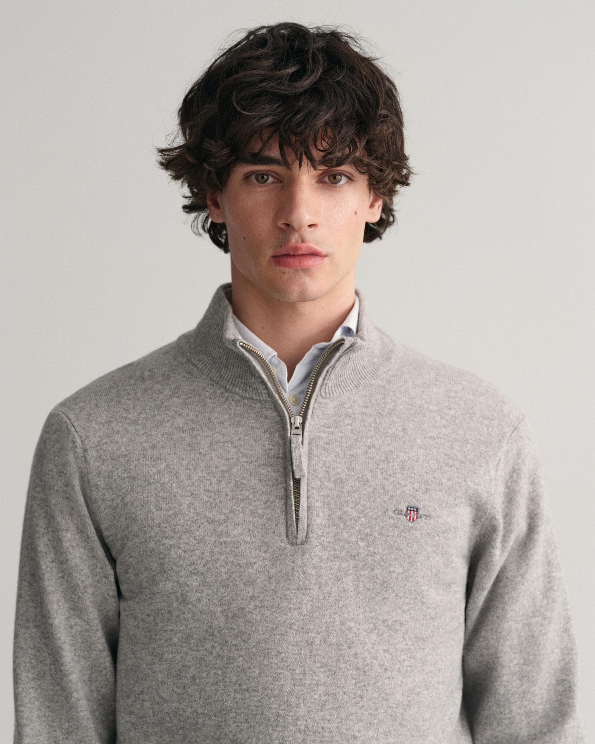 GANT Mens Superfine Lambswool Half Zip Cardigan - 93 Grey Melange - Image 2