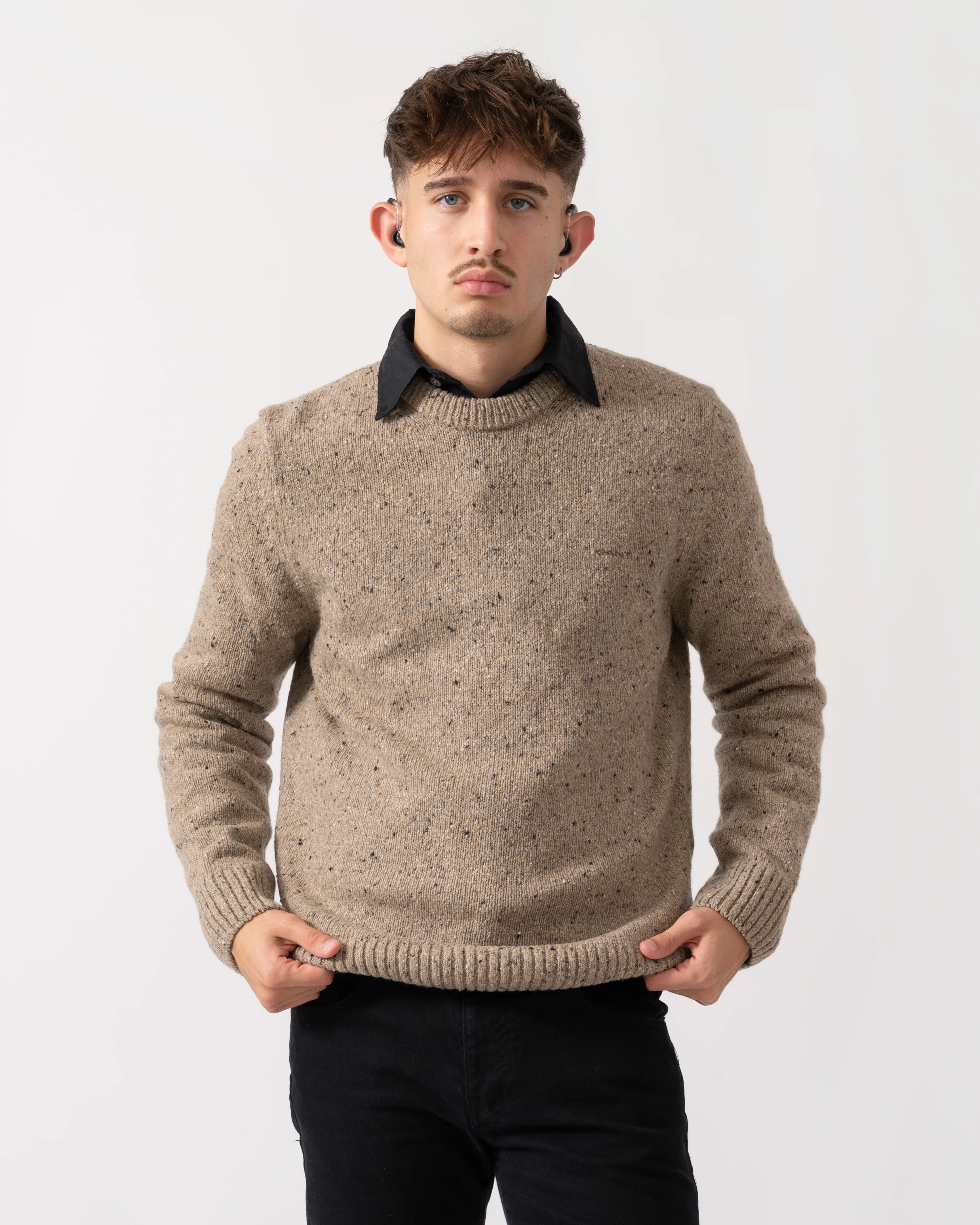 GANT Mens Wool Blend Neps Crew Neck Jumper - 295 Dark Sand Melange - Image 3