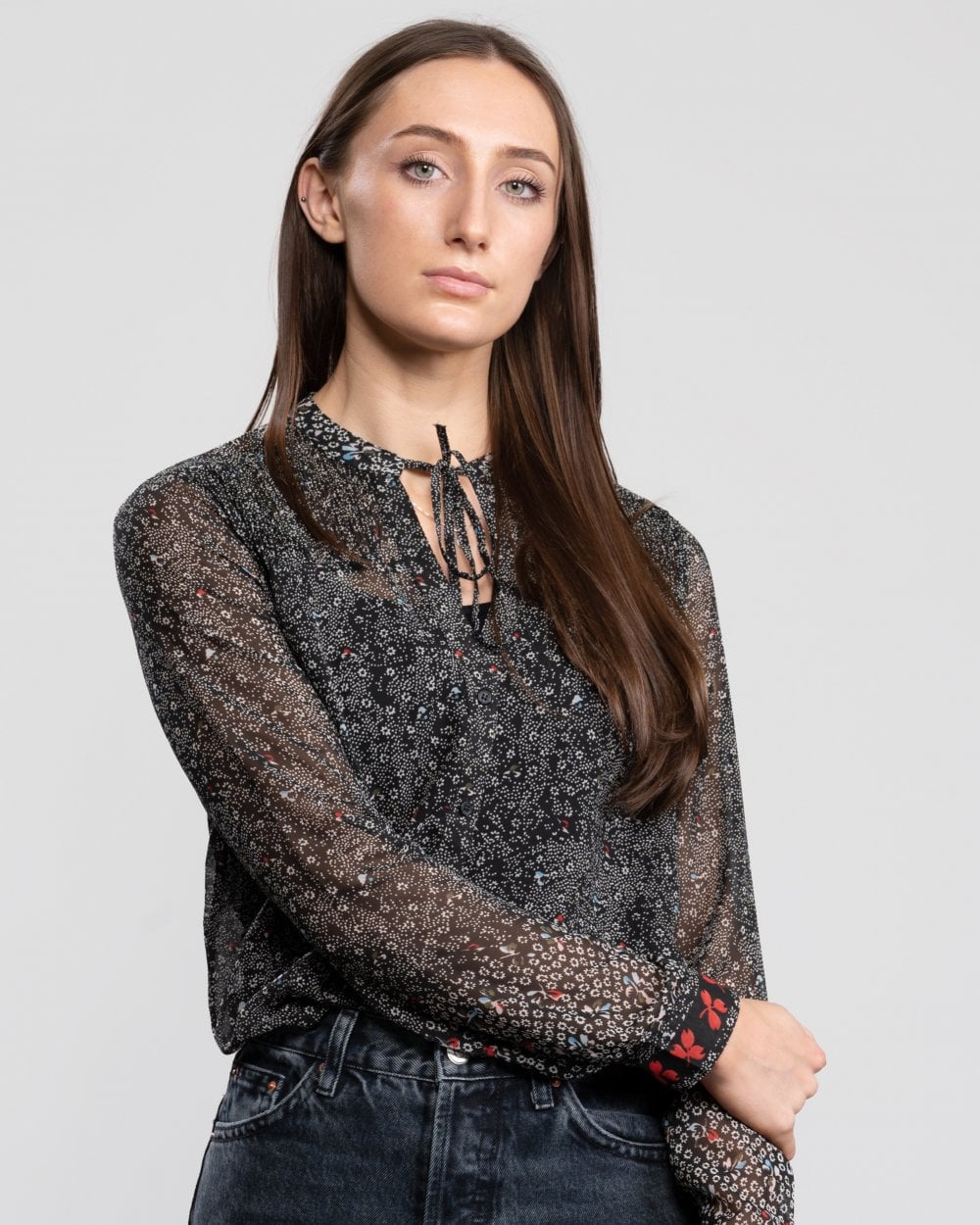 Great Plains Scatter Floral Neck Tie Womens Shirt - Image 3