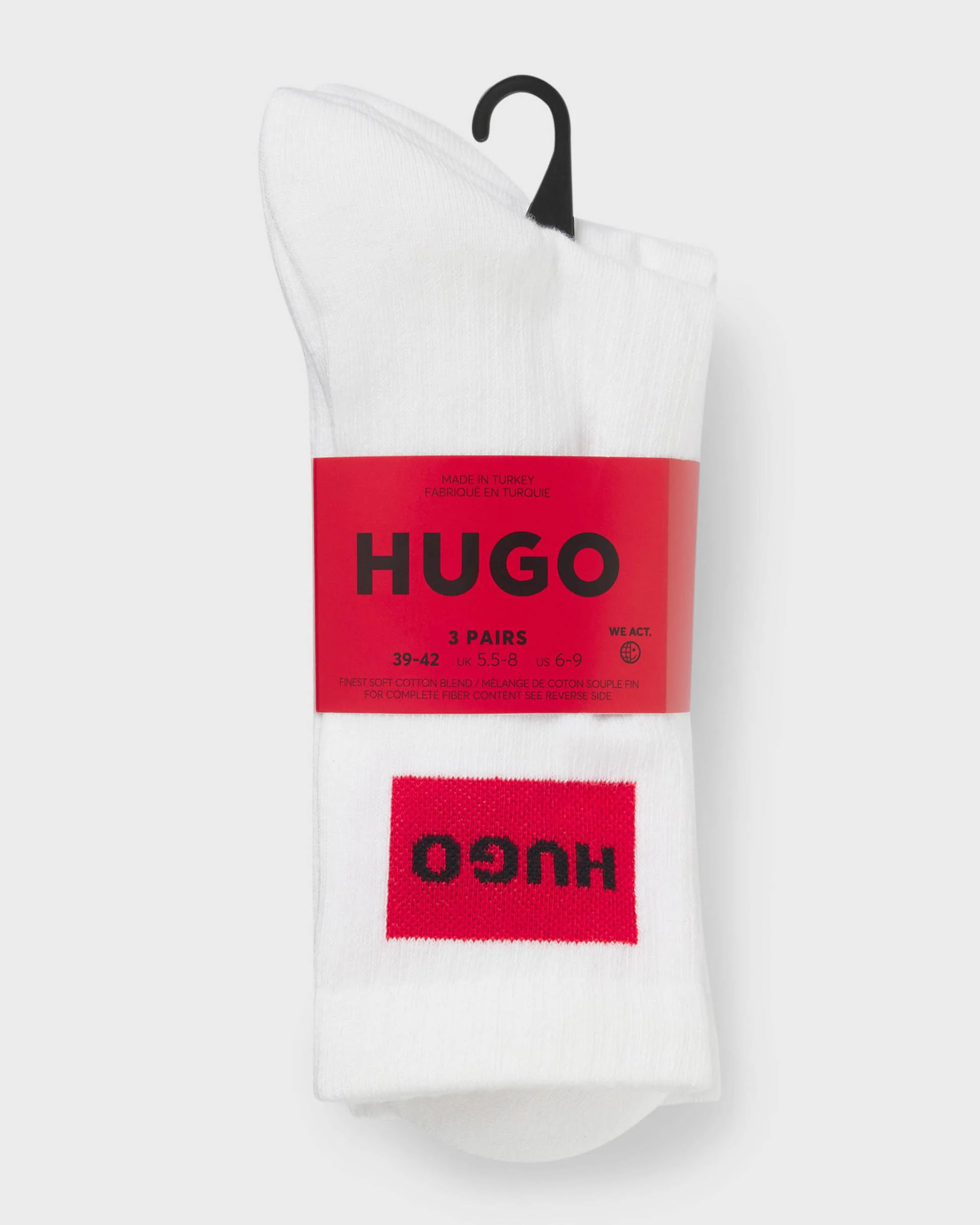 HUGO 3-Pack Quarter Length Combed Cotton Ribbed Mens Socks - White 100 - Image 3