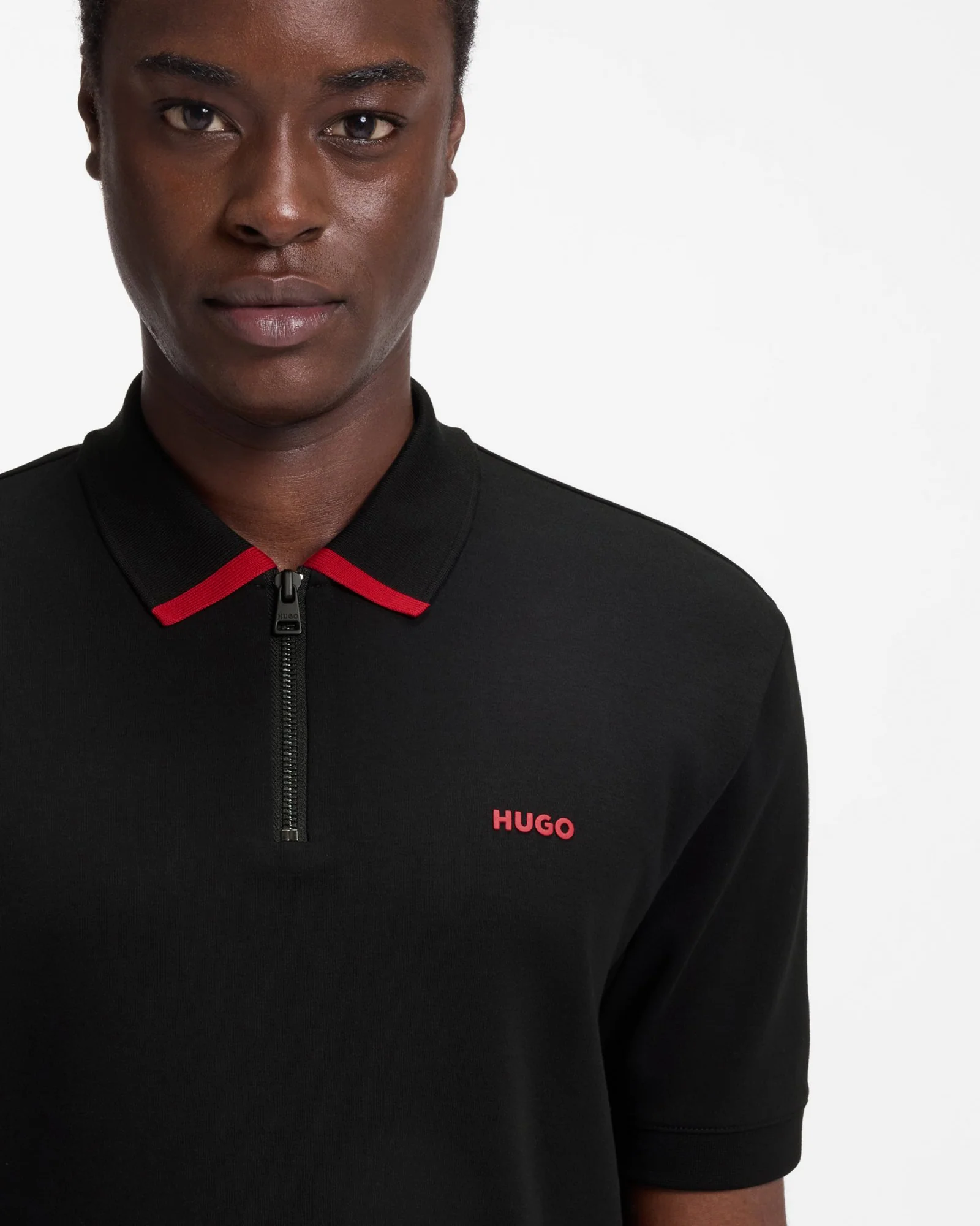 HUGO Dalomino Mens Short Sleeve Zip Placket Polo Shirt with Contrast Logo - Black 002 - Image 2