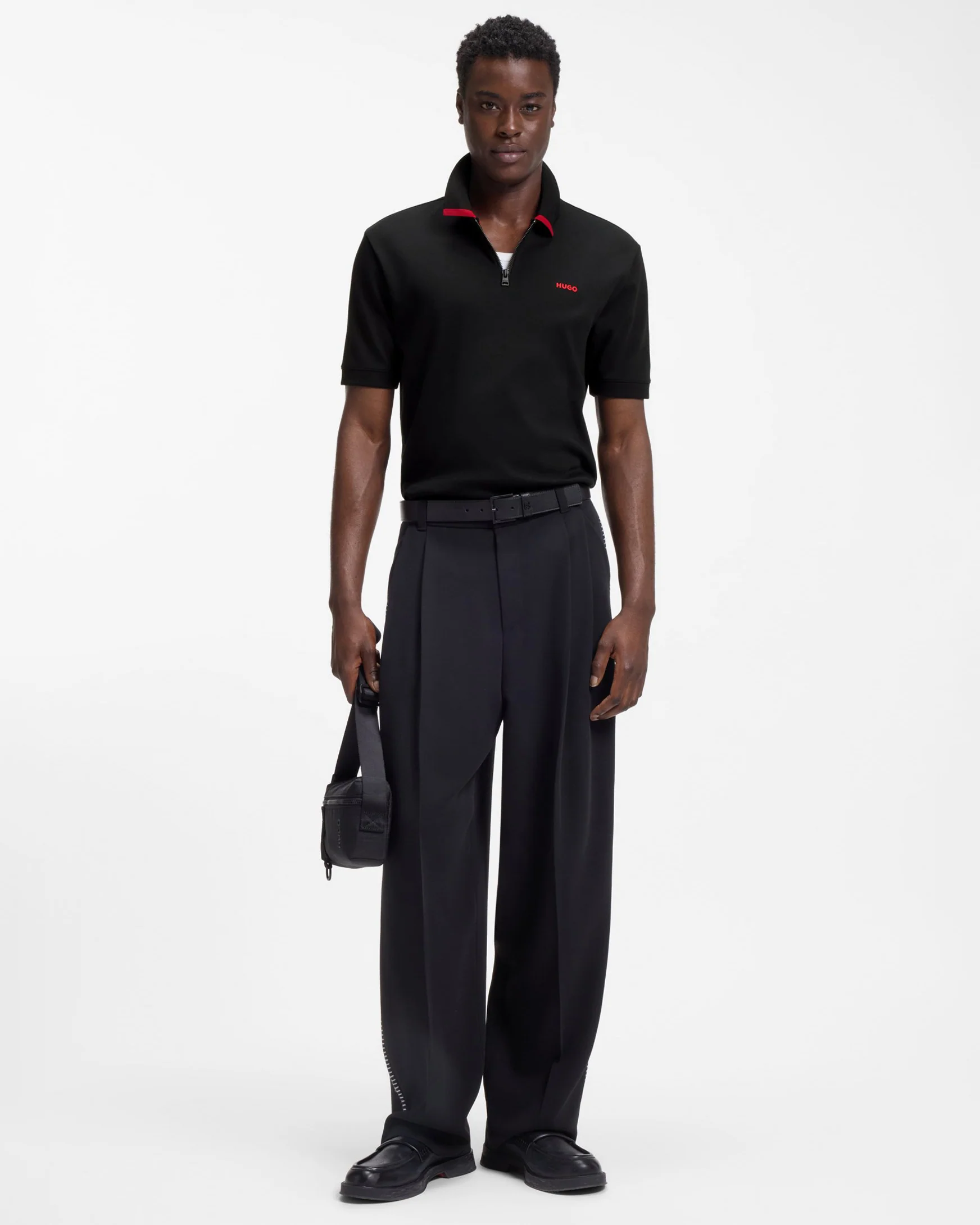 HUGO Dalomino Mens Short Sleeve Zip Placket Polo Shirt with Contrast Logo - Black 002 - Image 3