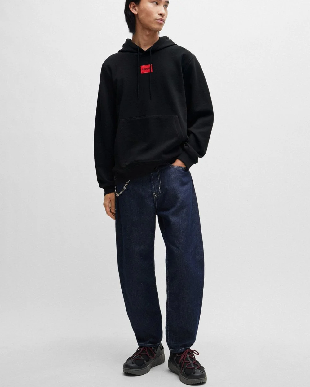 HUGO Daratschi214 Label Logo Mens Hoodie - Black 001 - Image 3