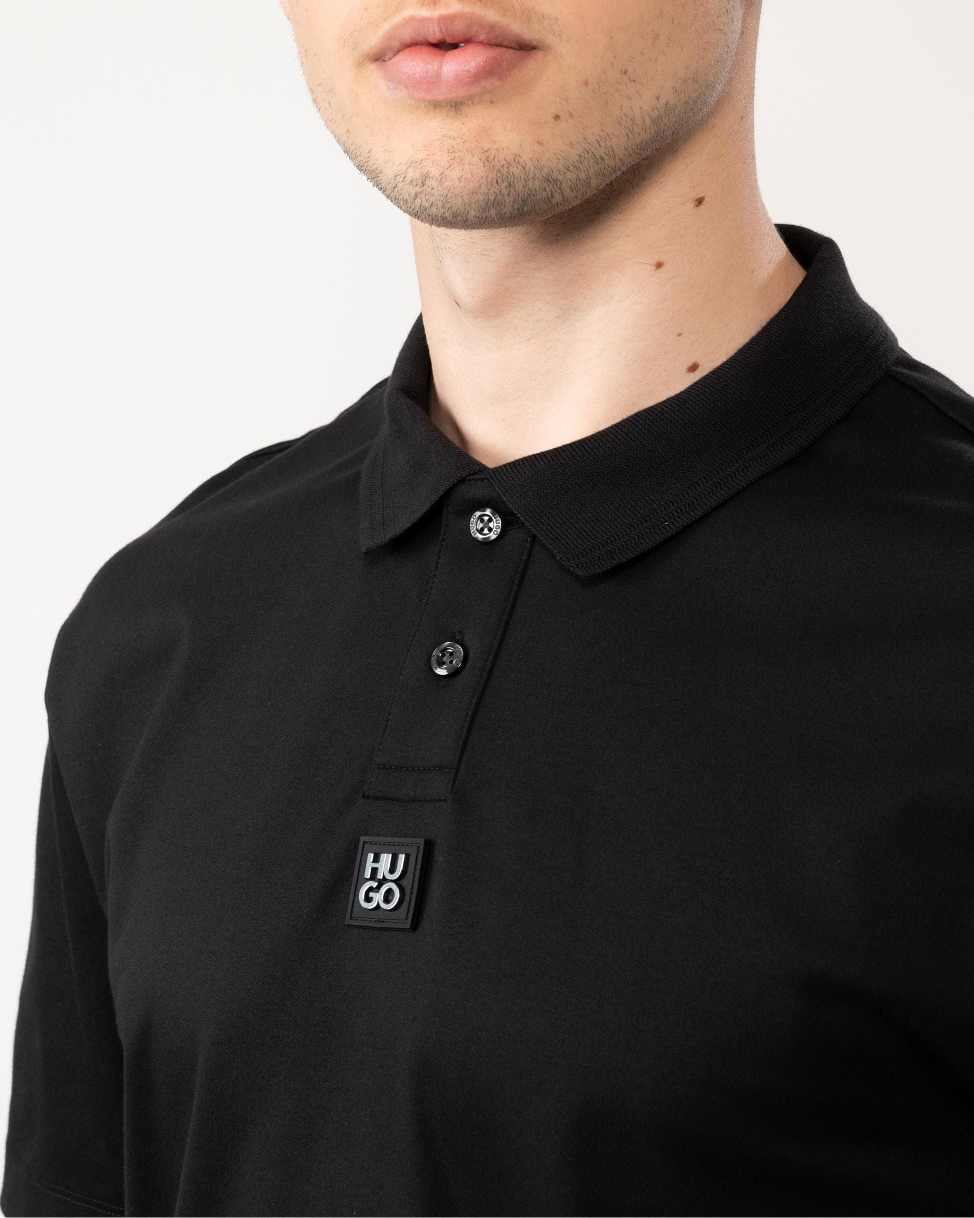 HUGO Deabono Mens Interlock Cotton Polo Shirt with Stacked Logo - Black 001 - Image 2