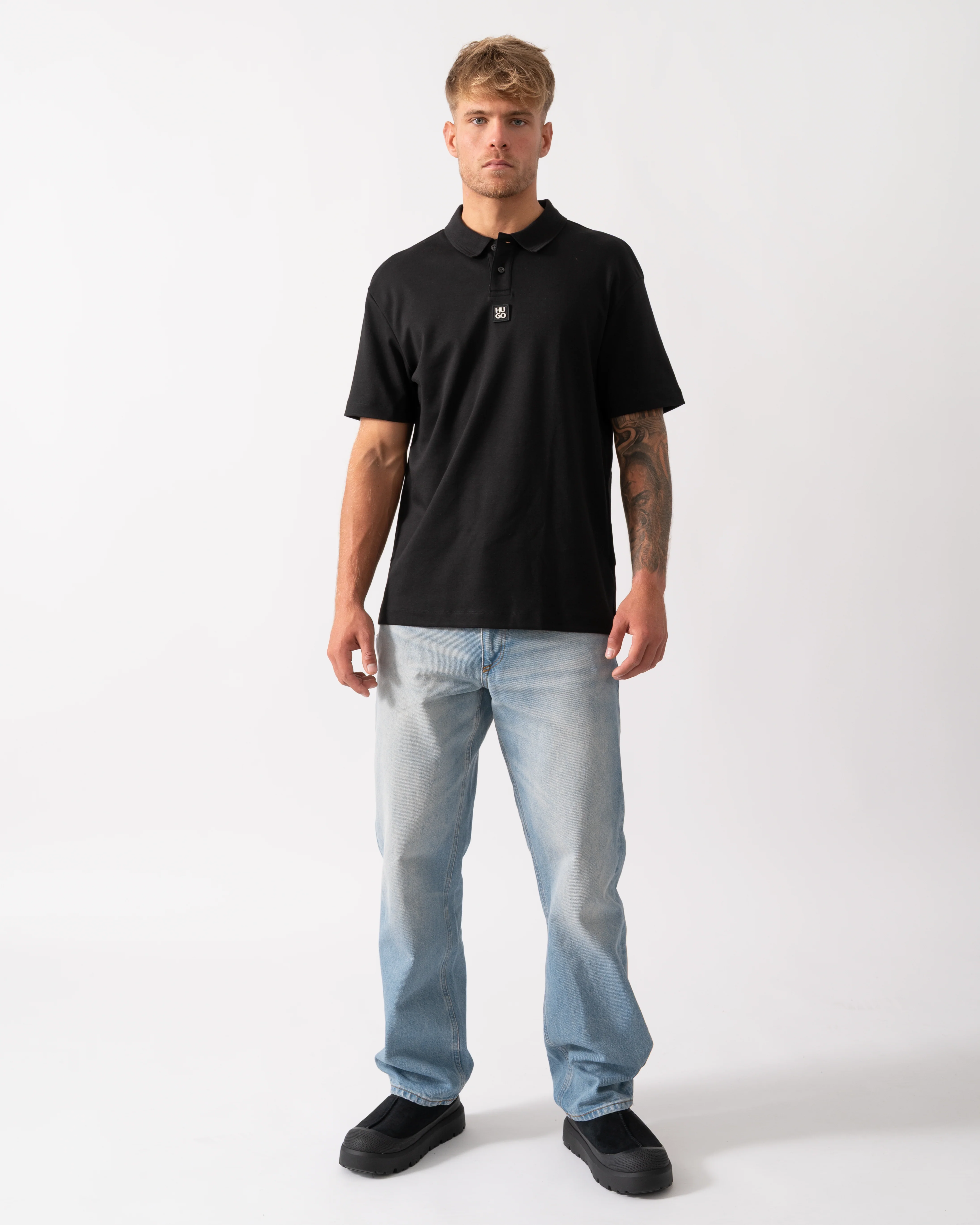 HUGO Deabono Mens Interlock Cotton Polo Shirt with Stacked Logo - Black 002 - Image 2